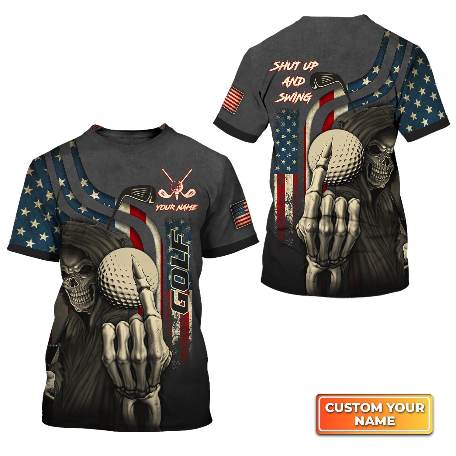 America Flag Skull Golf Shut Up And Swing, Personalized Name 3D Tshirt Gift For Golfer
