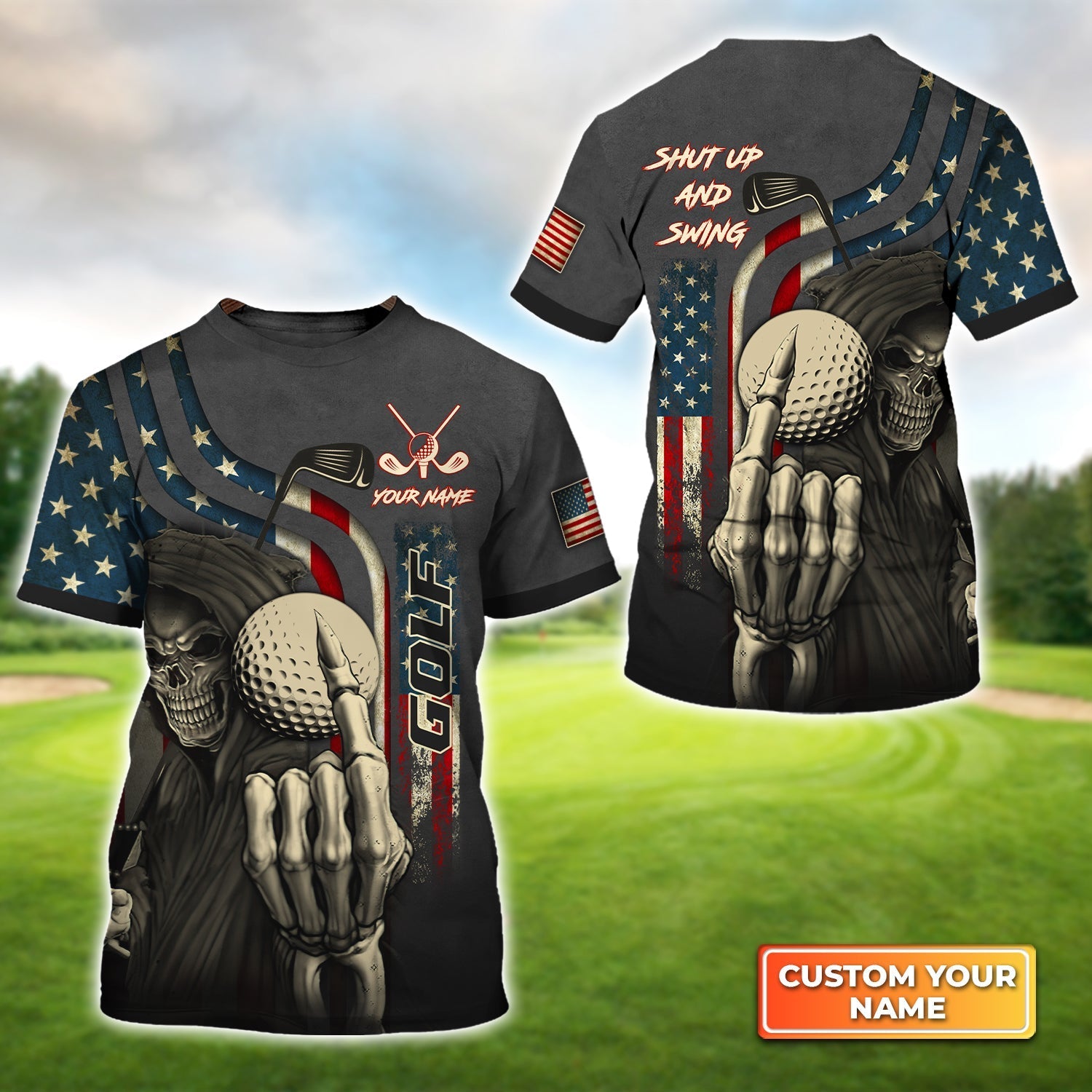 America Flag Skull Golf Shut Up And Swing, Personalized Name 3D Tshirt Gift For Golfer