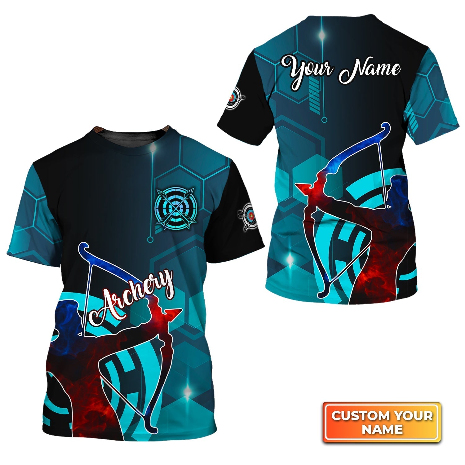 Archery Watercolor Short Sleeve Shirts Personalized Name 3D Target Bow T-Shirt Gift For Archer Sport Lovers