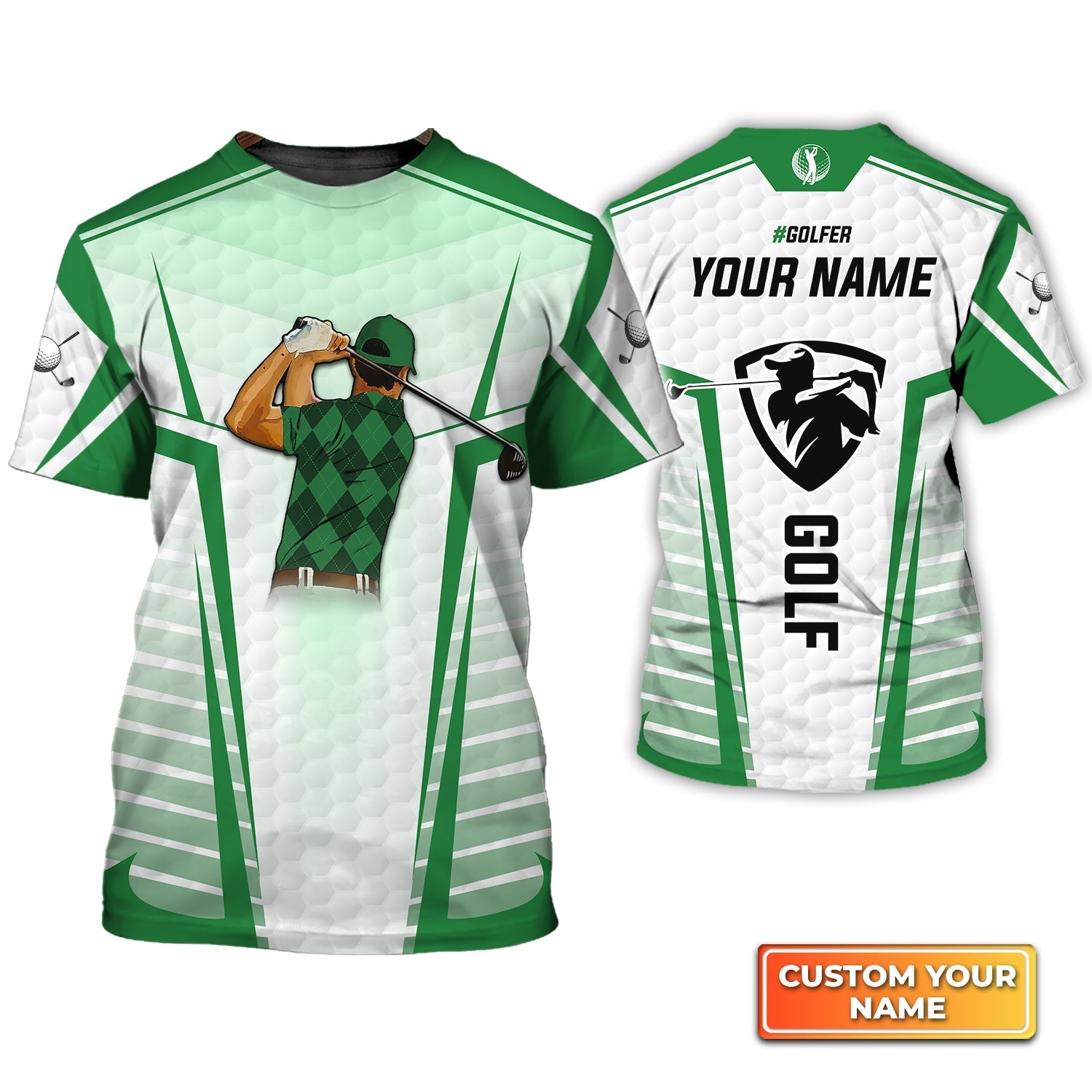 Golf Swing Green Abstract With Golf Club, Personalized Name 3D Tshirt