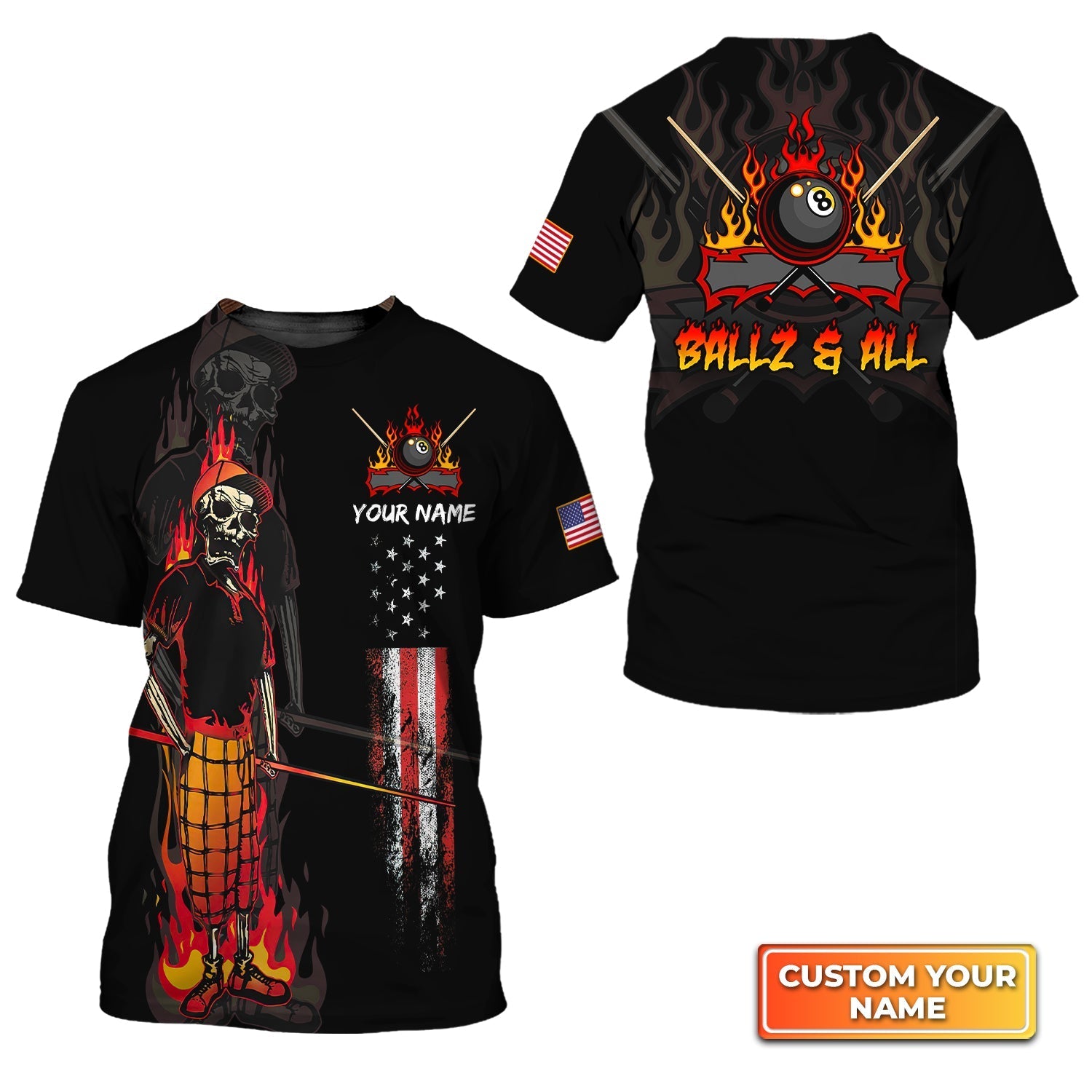 BALLZ & ALL Team Bones 8 Ball American Flag Billiards Personalized Name 3D Tshirt Gift For Billiard Players