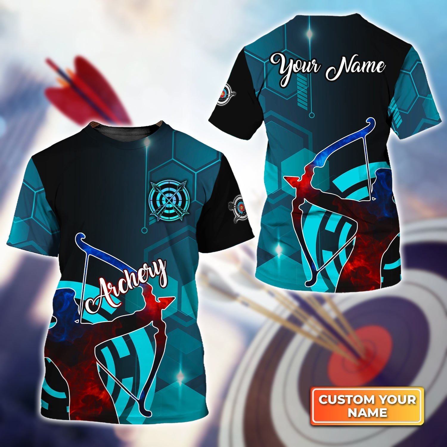 Archery Watercolor Short Sleeve Shirts Personalized Name 3D Target Bow T-Shirt Gift For Archer Sport Lovers