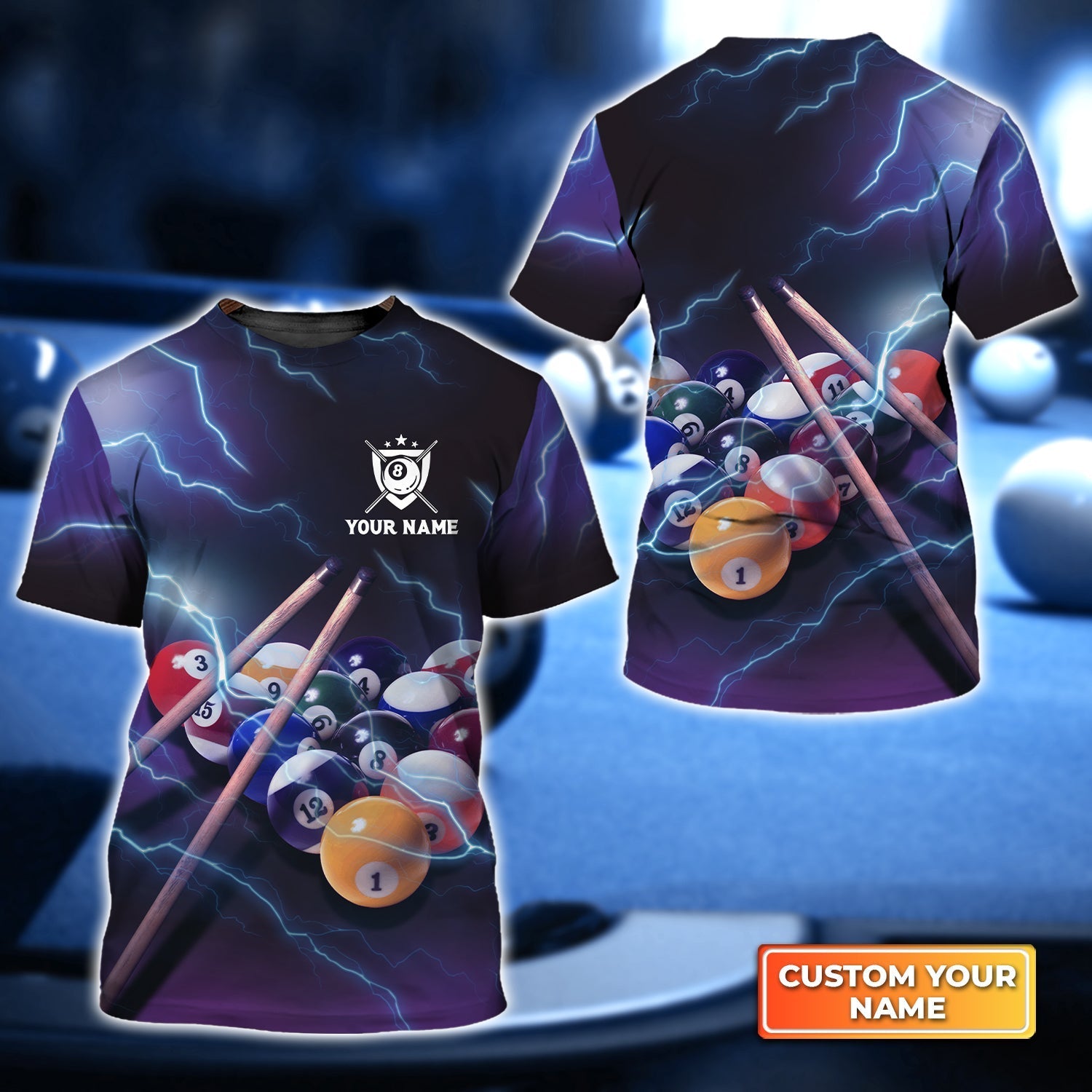 Billiard 8 Ball Thunder Lightning Personalized Name 3D Tshirt Gift Billiard Players