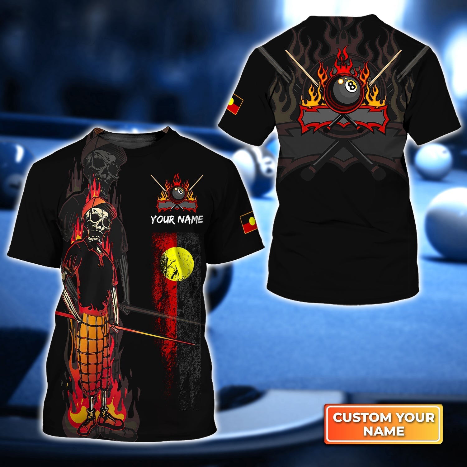 Bones 8 Ball Aboriginal Flag Billiards Personalized Name 3D Tshirt Gift For Billiard Players