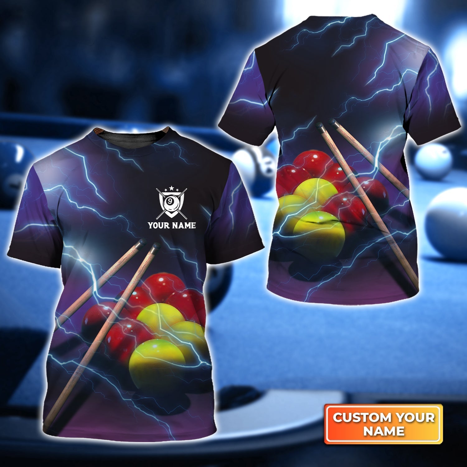 Yellow and Red Billiard Ball Thunder Lightning Personalized Name 3D Tshirt Gift For Billiard Players