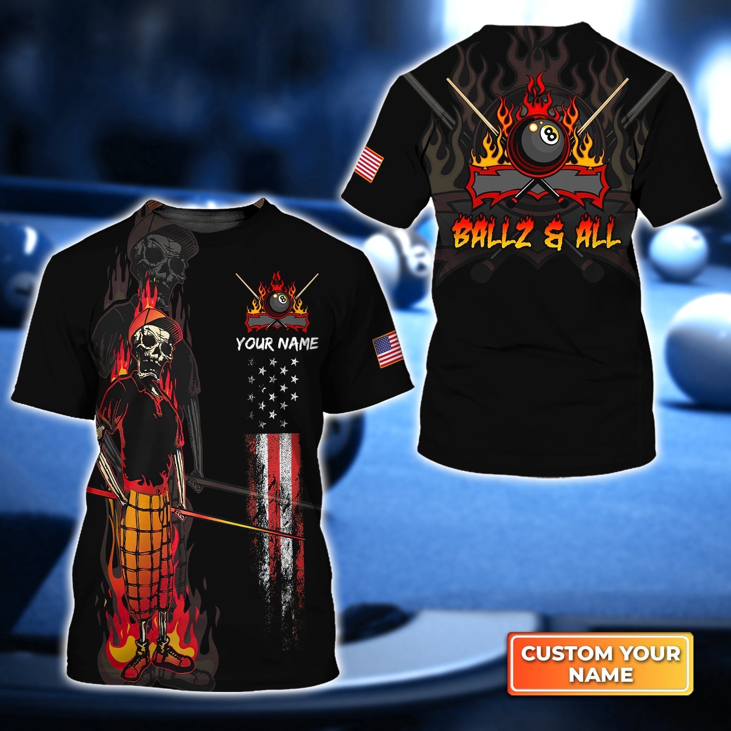 BALLZ & ALL Team Bones 8 Ball American Flag Billiards Personalized Name 3D Tshirt Gift For Billiard Players