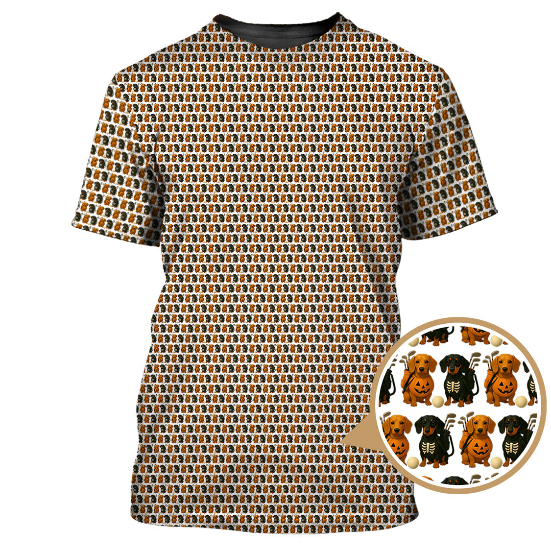 Halloween Golf Shirt, Dachshund Pattern Golf Shirt With Pumpkin And Skeleton, Funny Golf Shirt For Golfer, Dog Golf Shirt