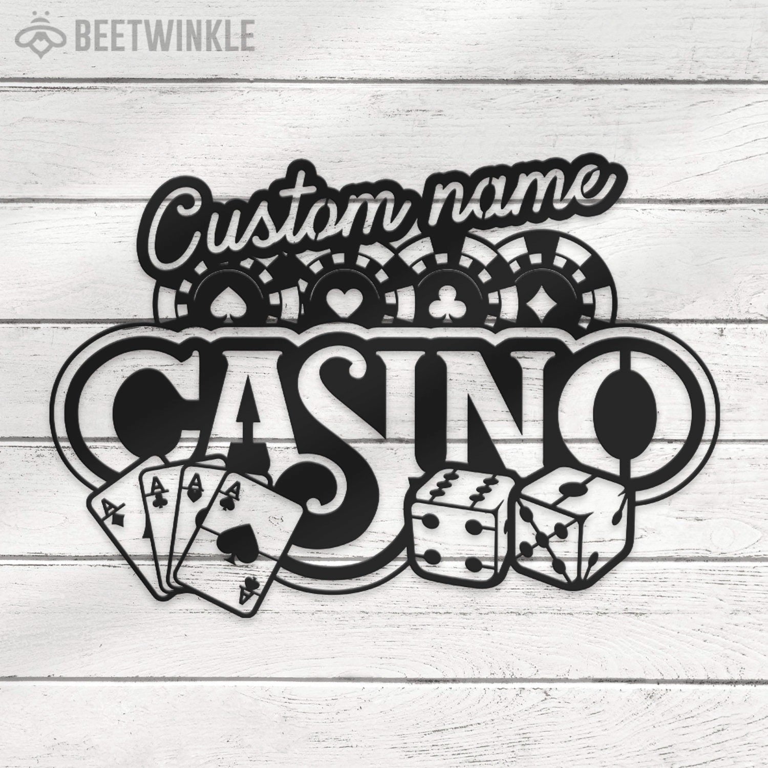 Custom Casino Playing Cards Chips Gambling Dice Poker Metal Wall Art LED Light - Personalized Gamer Name Sign Home Decor Game Zone Decoration