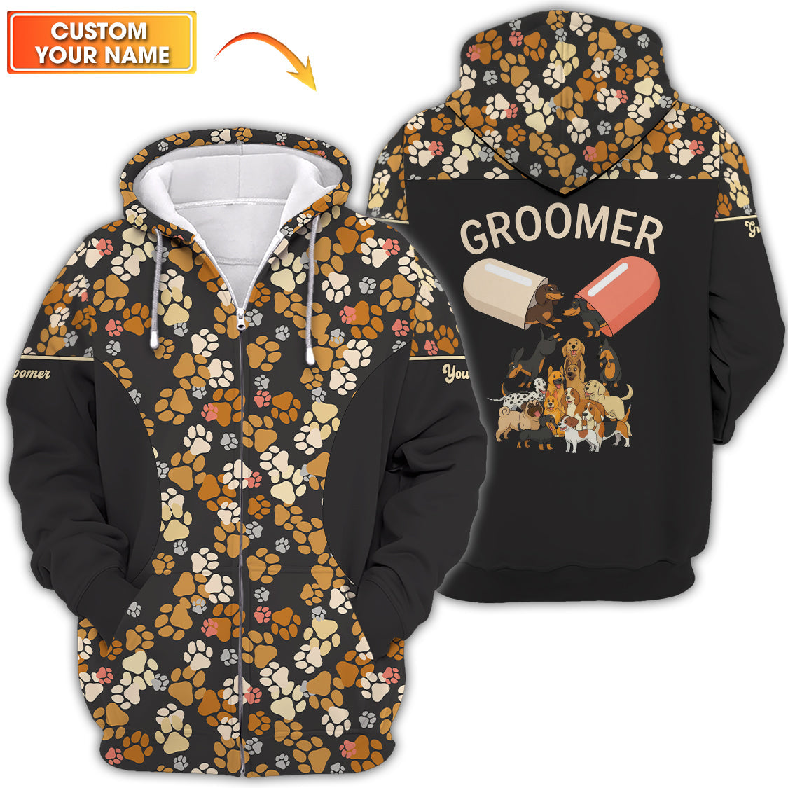 Custom Name Paw Pattern Shirts, Dog Groomer Shirt, Grooming Uniform For Pet Salon