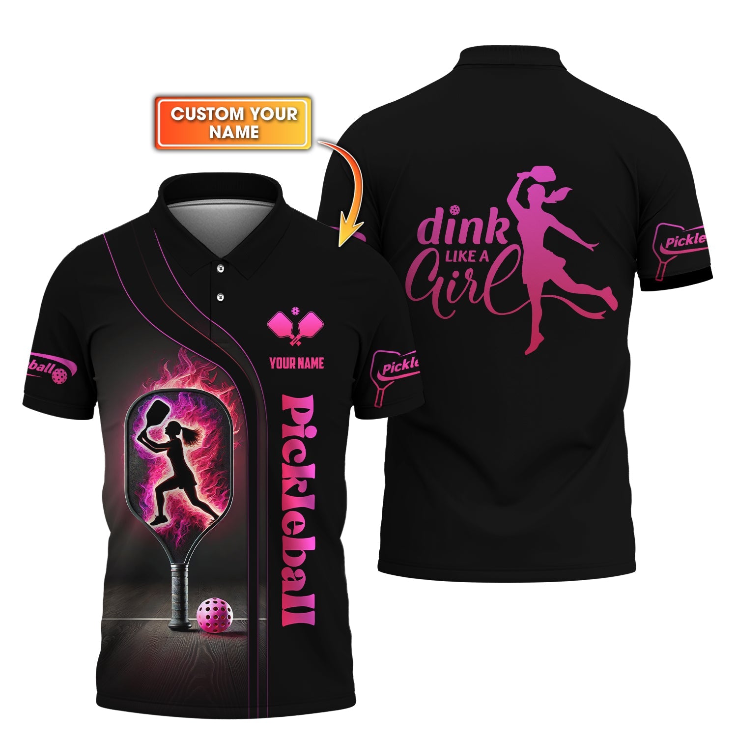 Custom Women's Pickleball Shirt – Dink Like a Girl Design with Fiery Paddle – Personalized Athletic Apparel for Pickleball Lovers