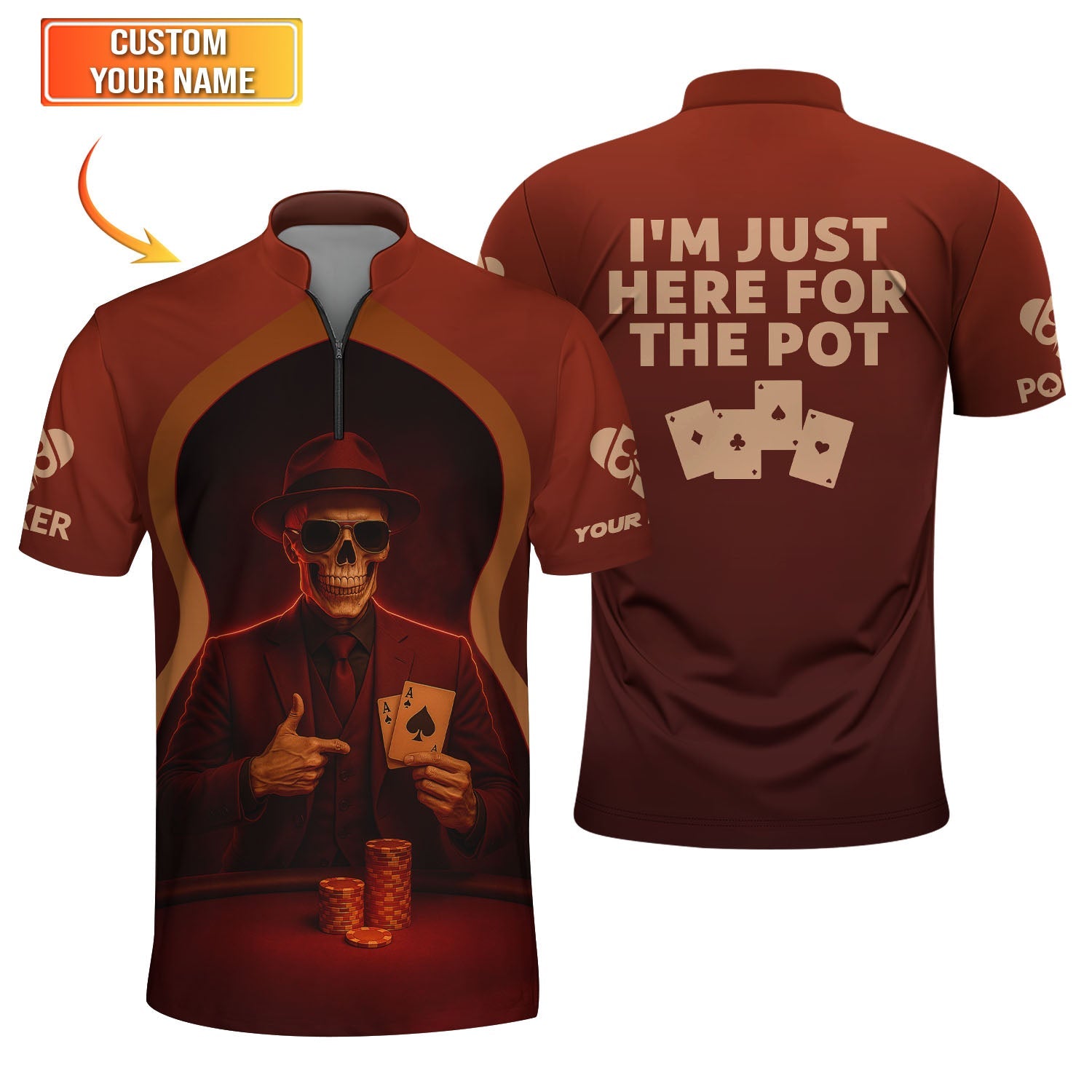 Custom Name Funny Poker Shirts, Skeleton Card Player Polos, Poker Shirt For Men's