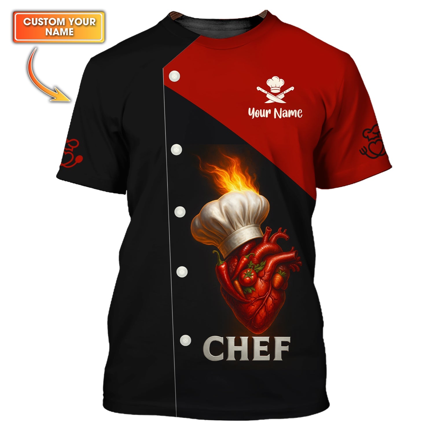 Flaming Heart Chef Shirt, Custom Name Chef Uniform, Personalized Cooking Shirt