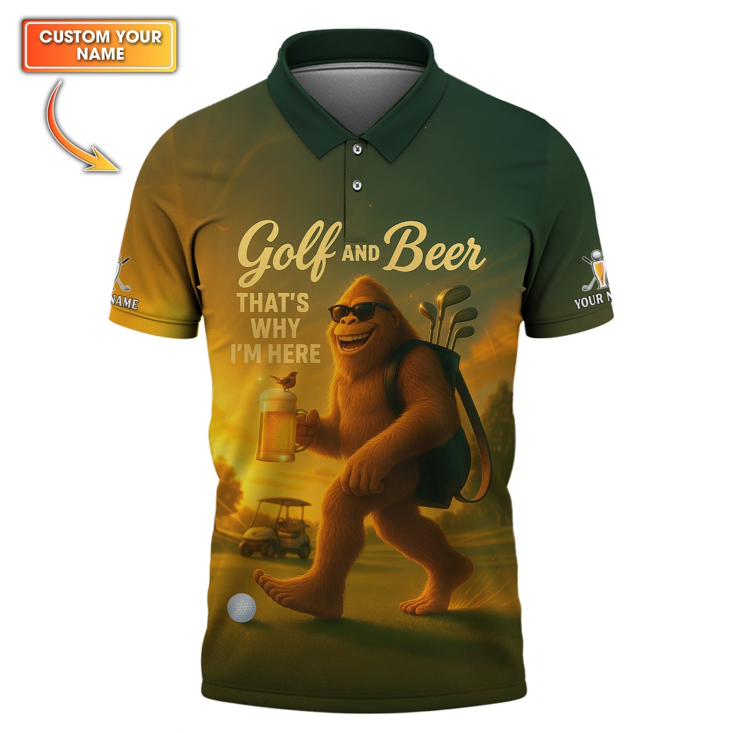 Personalized Funny Golf Shirt, Golf And Beer Polos, Bigfoot Golf Shirt For Men's