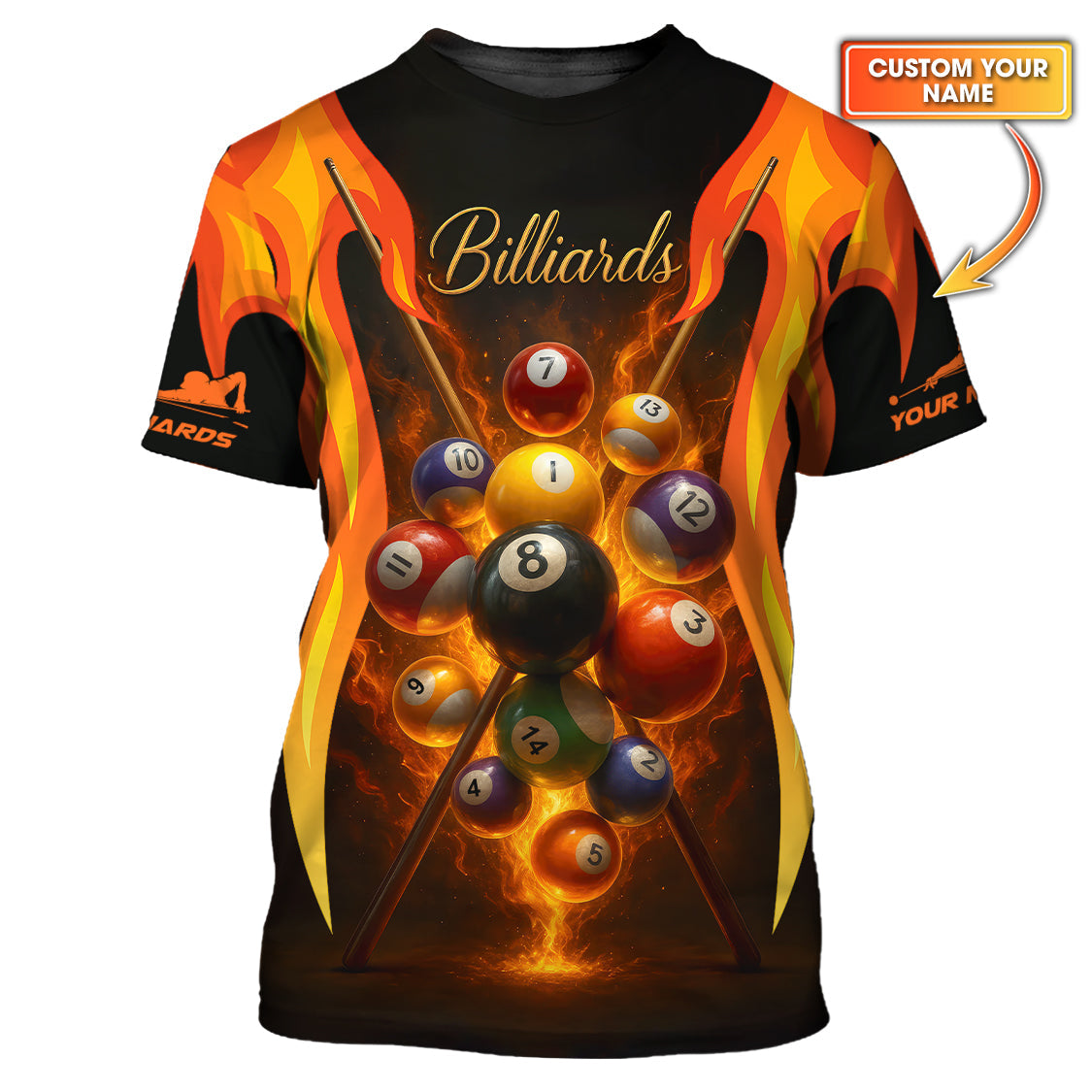 Billiards Pool Shirts, Flaming Billiards Jersey, Custom Name Pool Player Shirt