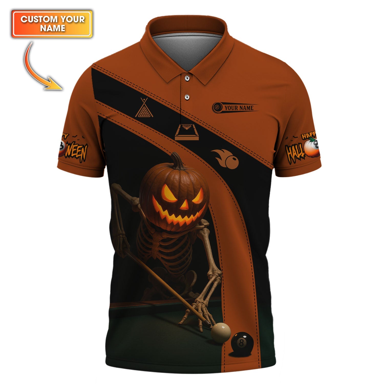 Halloween Billiards Jersey, Custom Name Skeleton Pumpkin Pool Shirt, Spooky 8 Ball Shirt For Billiard Lovers