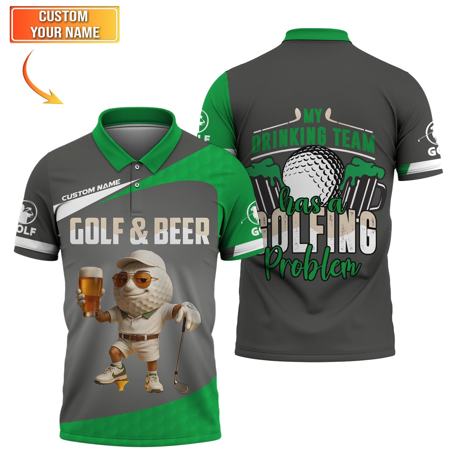 Custom Gray Green Golf & Beer Shirt – Funny Drinking Team Golfing Problem Tee