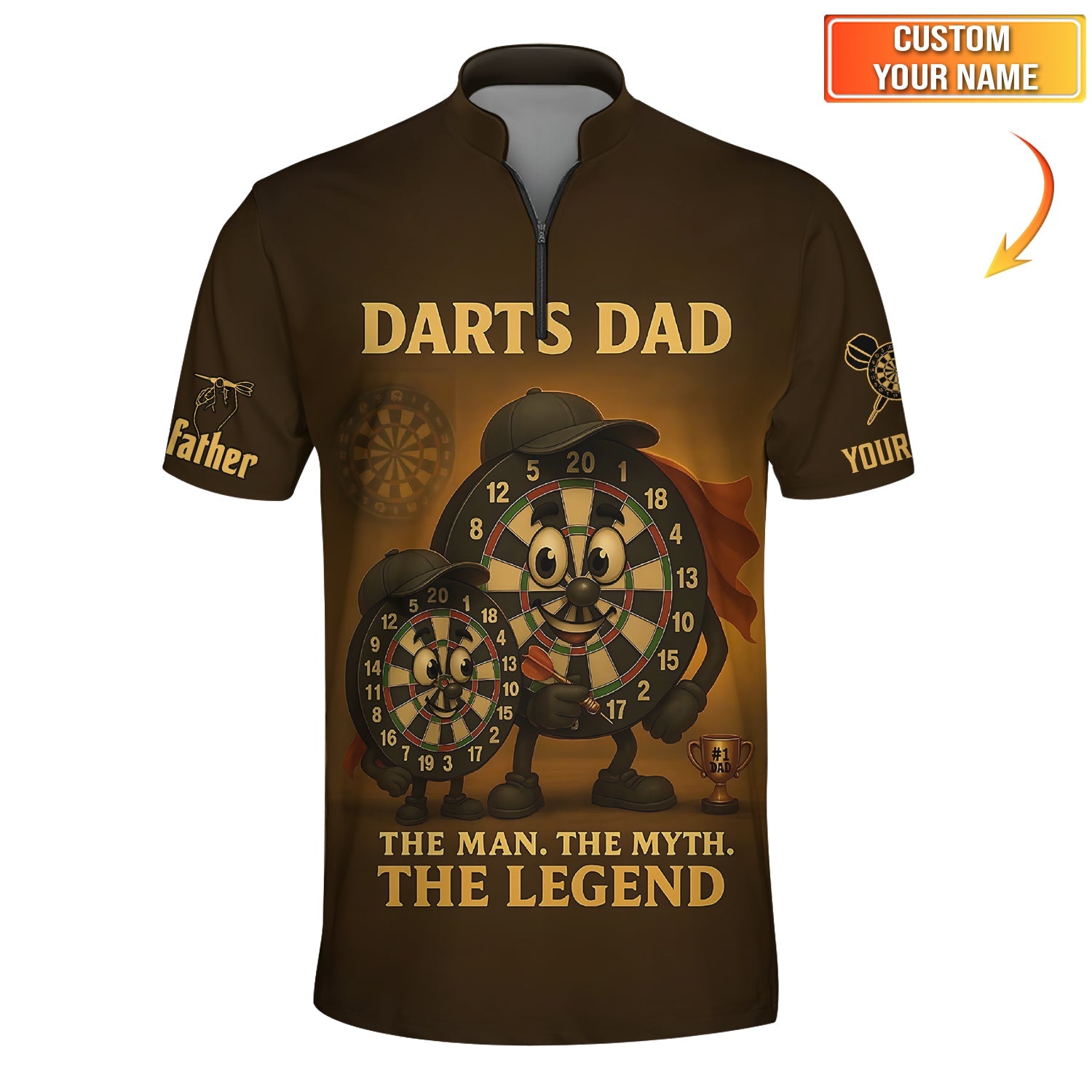 Custom Darts Dad Shirt | Brown Funny Dartboard Father Gift Tee For Legend