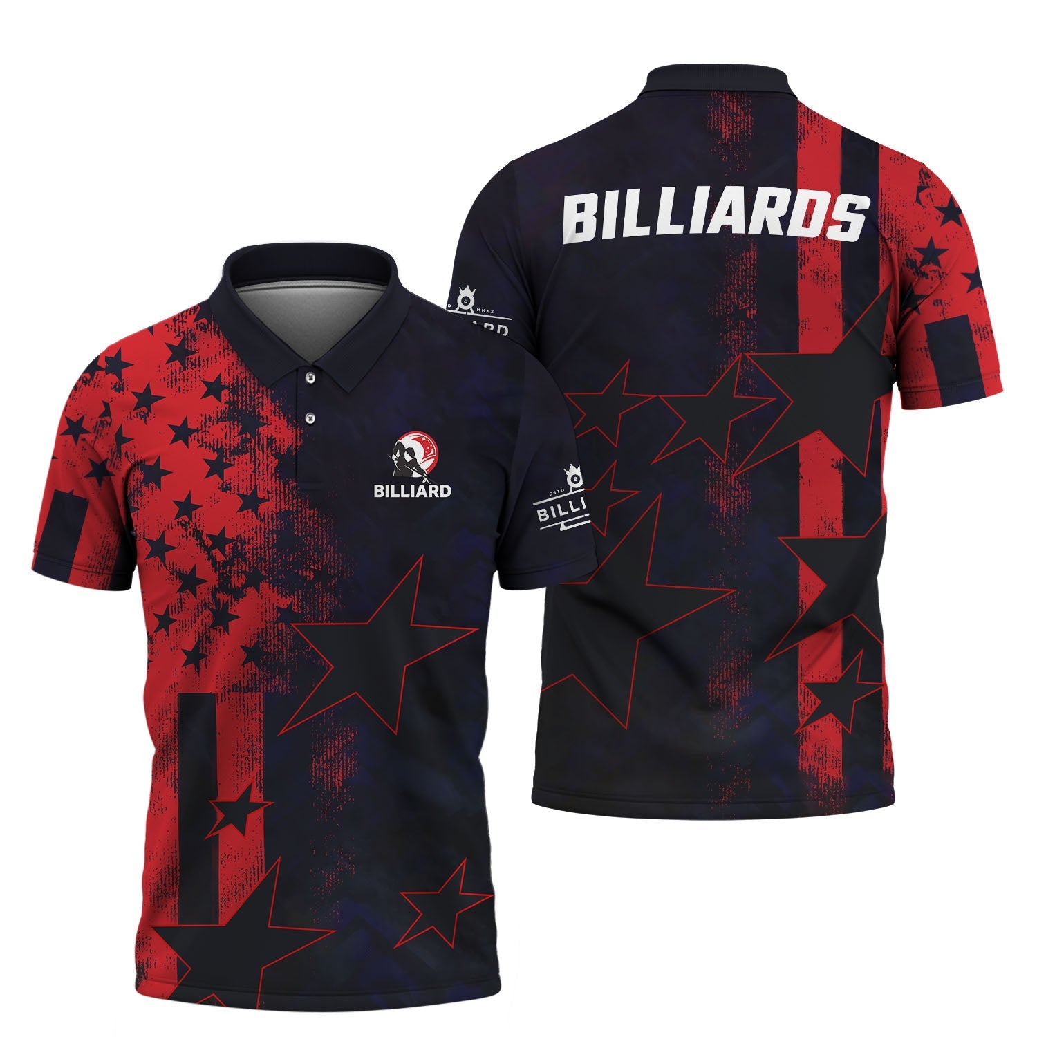 Patriotic Billiards Shirt, Red Black Star American Flag Style Pool Jersey , Sportswear for Billiard Players