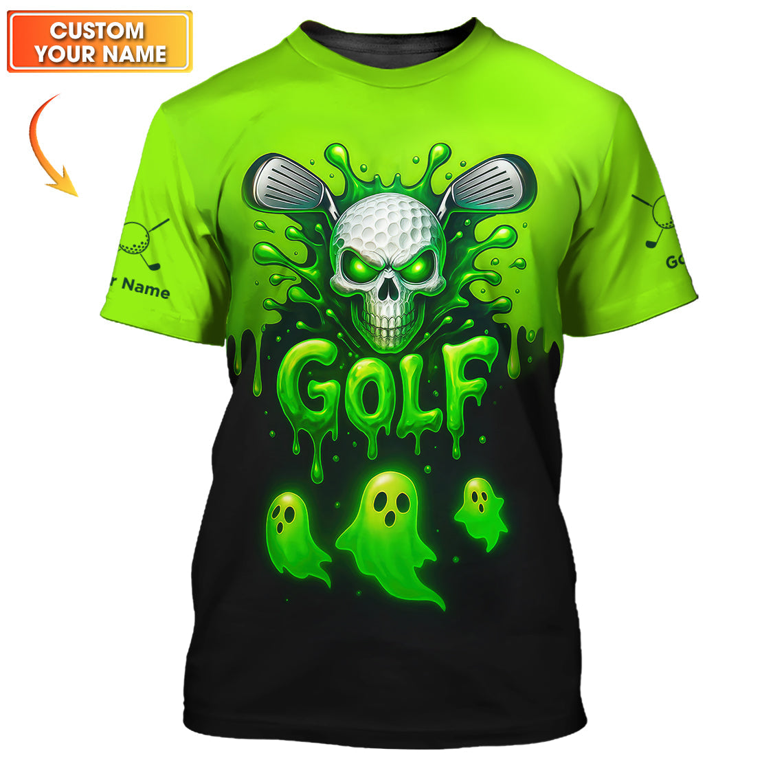 Halloween Golf Polos, Green Skull Golf Shirt For Men, Custom Name Golf Polo, Funny Golf Shirts For Golfers