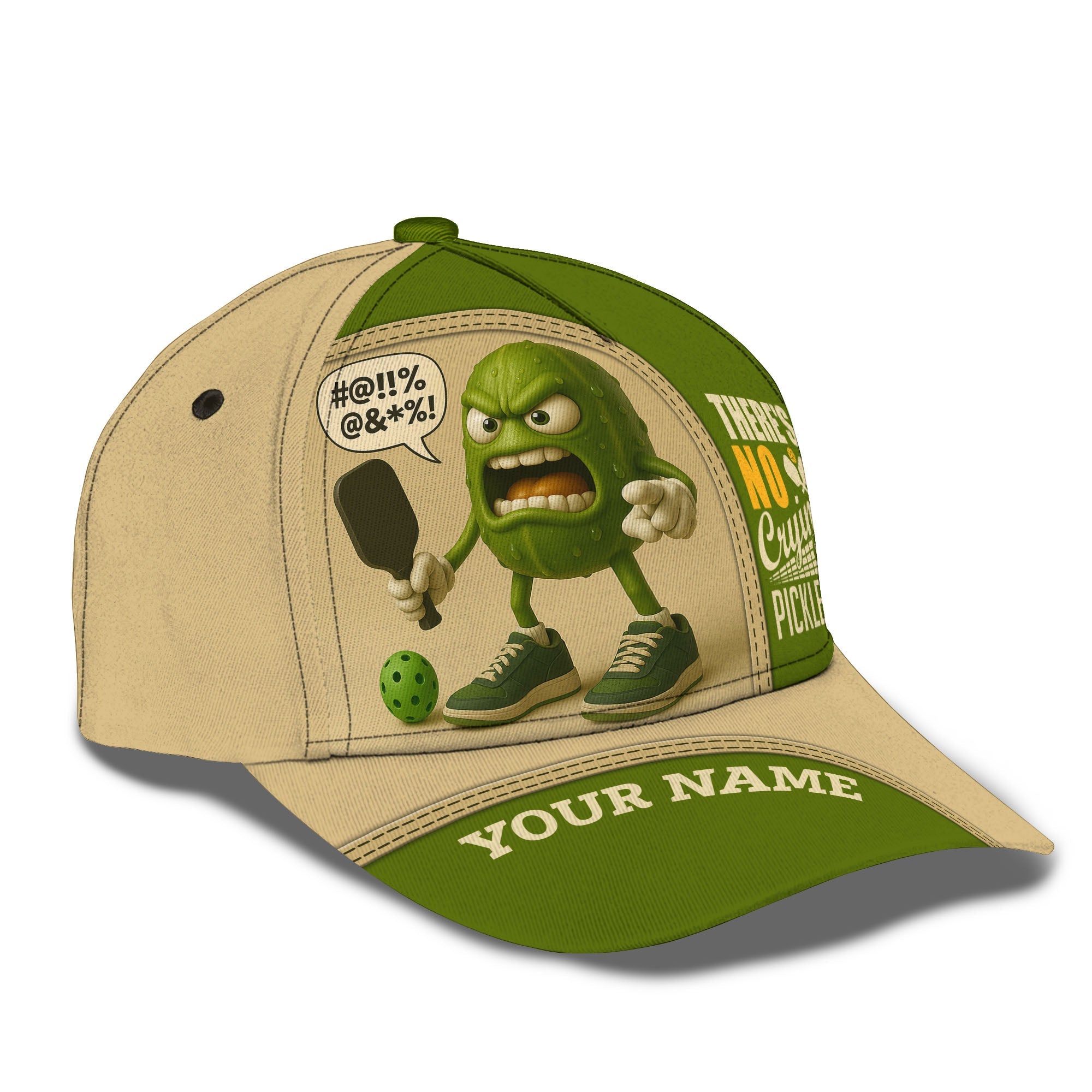 There’s No Crying in Pickleball Hat, Angry Pickleball Character Cap With Custom Name, Funny Pickleball Player Gift
