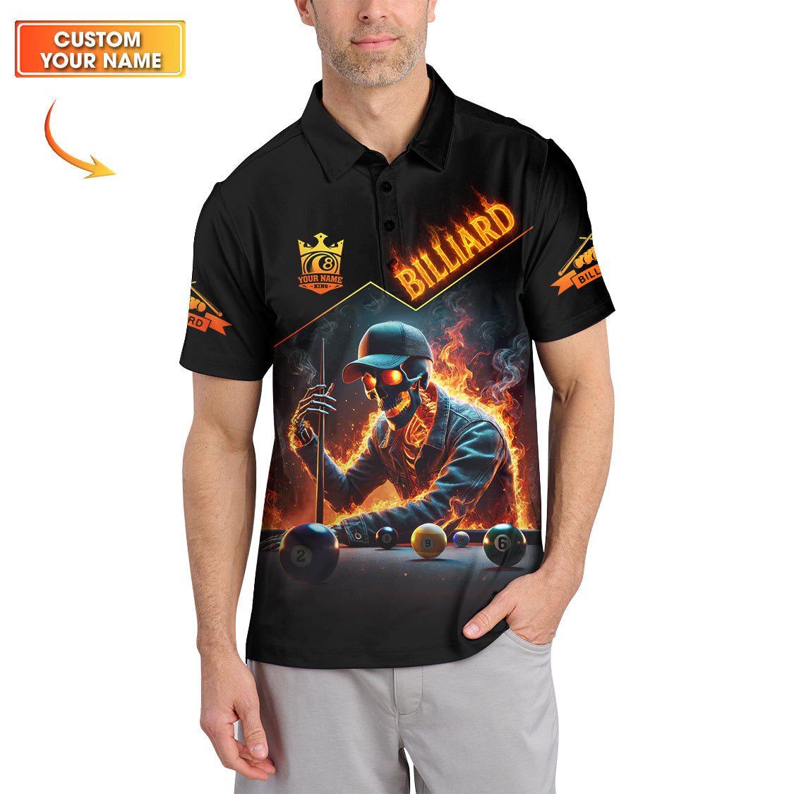 Fire Skull Pool Player Shirts For Men, Custom Name Billiards Jersey, Funny Cue Sports Billiards