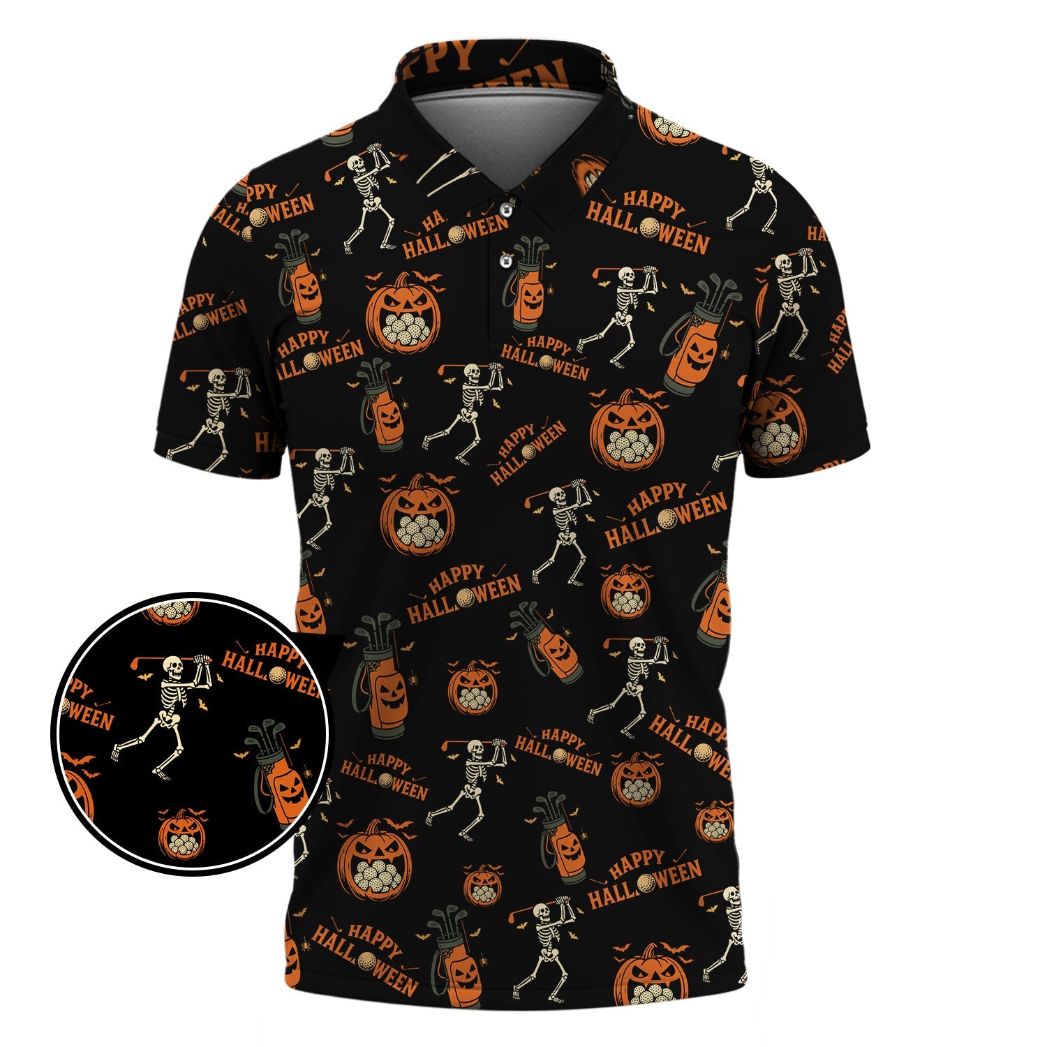 Pattern Golf Shirt, Halloween Skeleton With Pumpkin Golf Polos, Funny Golf Shirt For Men