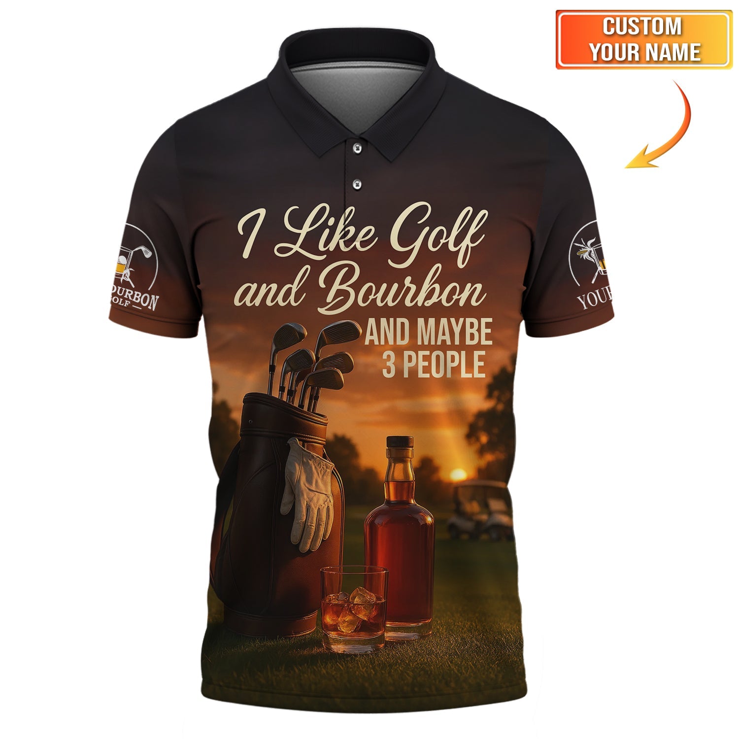 Custom Golf Polo Shirt, Bourbon Lover Golf Tee Sunset Style, Funny Golf Gift for Men