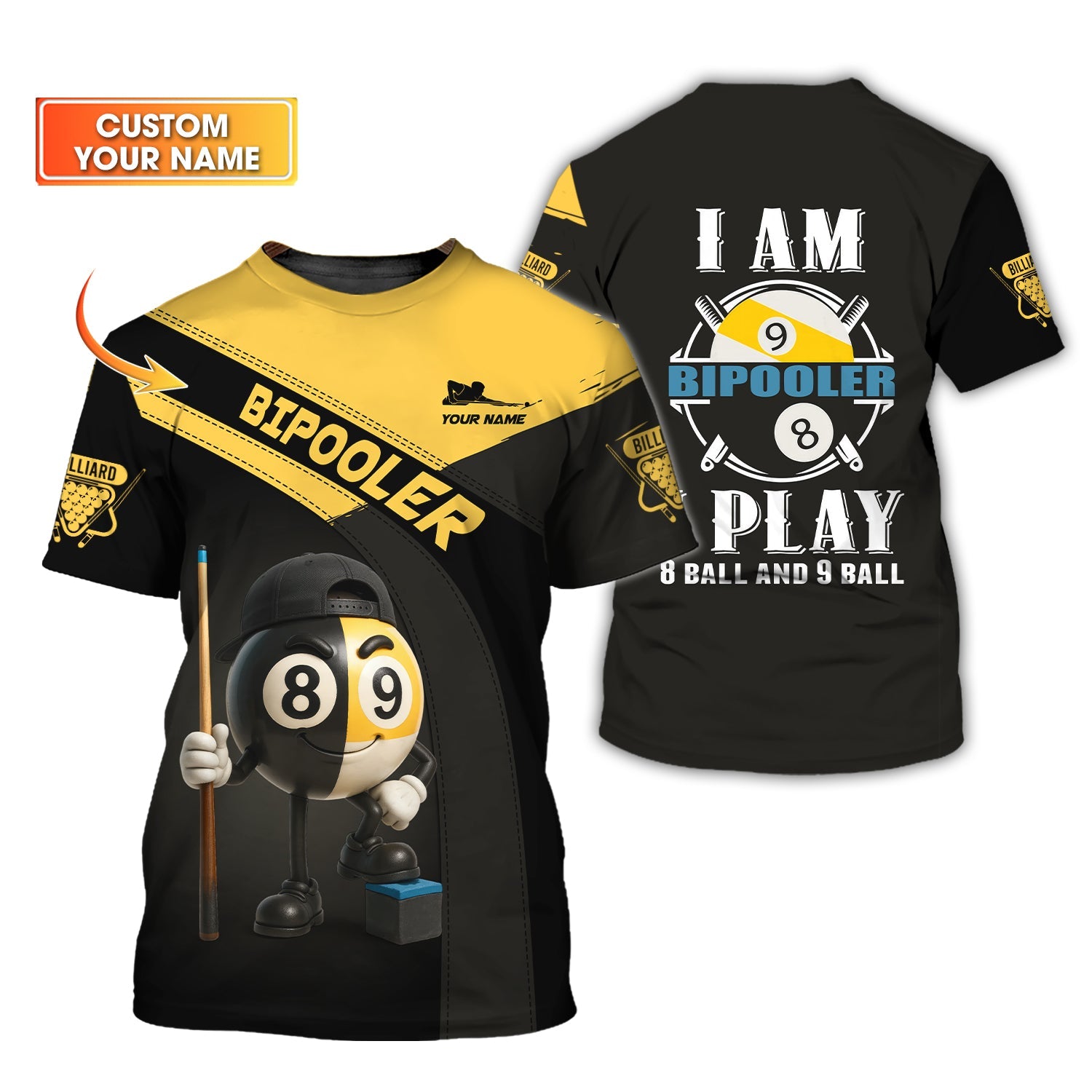 Custom Black and Yellow Bipooler Billiard Shirt – Funny 8 Ball 9 Ball Pool Player Gift Tee
