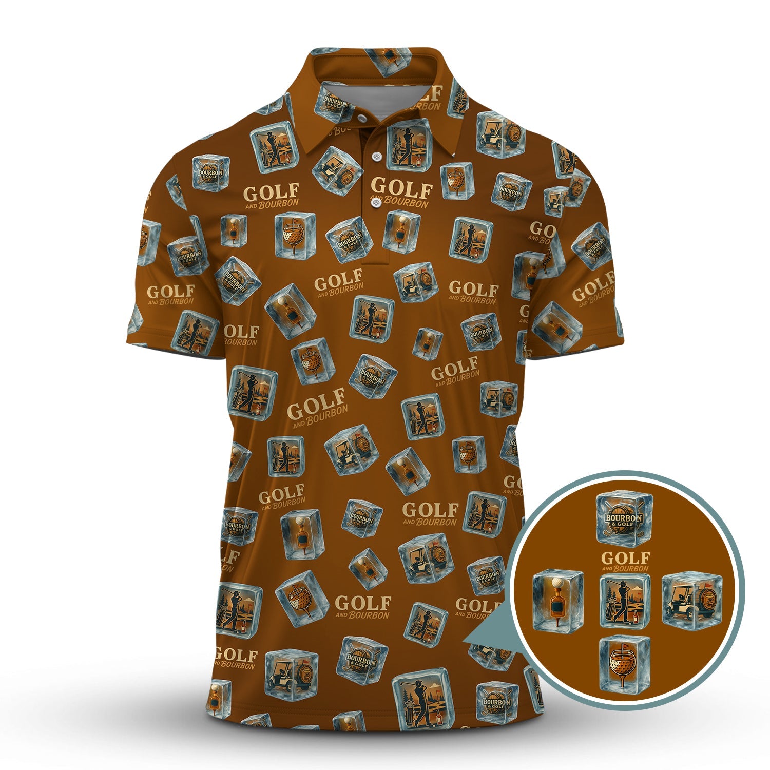 Funny Golf And Bourbon Polos, Brown Golf Shirt with Whiskey Ice Cube For Men, Pattern Crazy Golf Shirts For Golfers