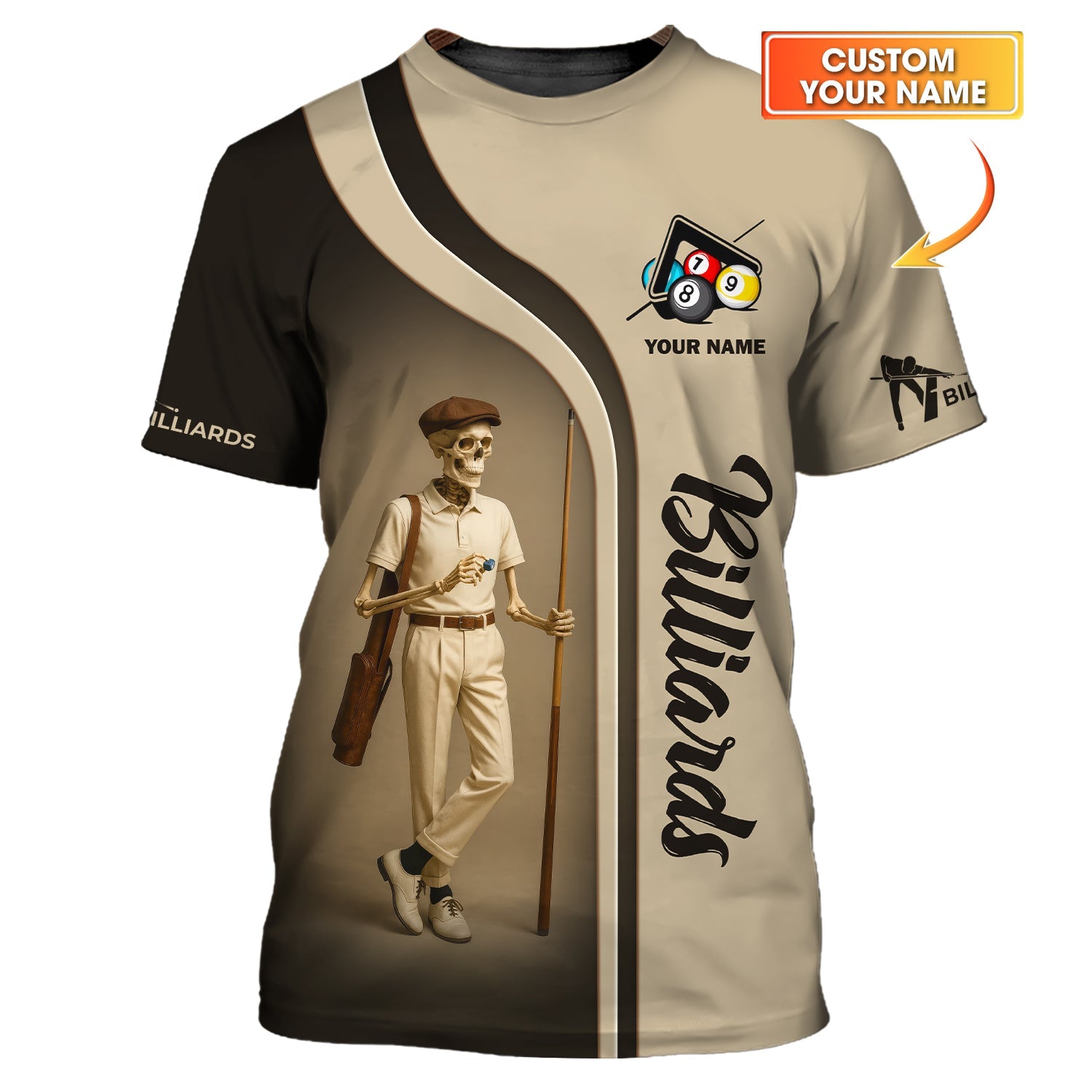 Custom Billiards Shirt Vintage Skeleton Pool Player Tee Beige Brown Pool T-Shirt