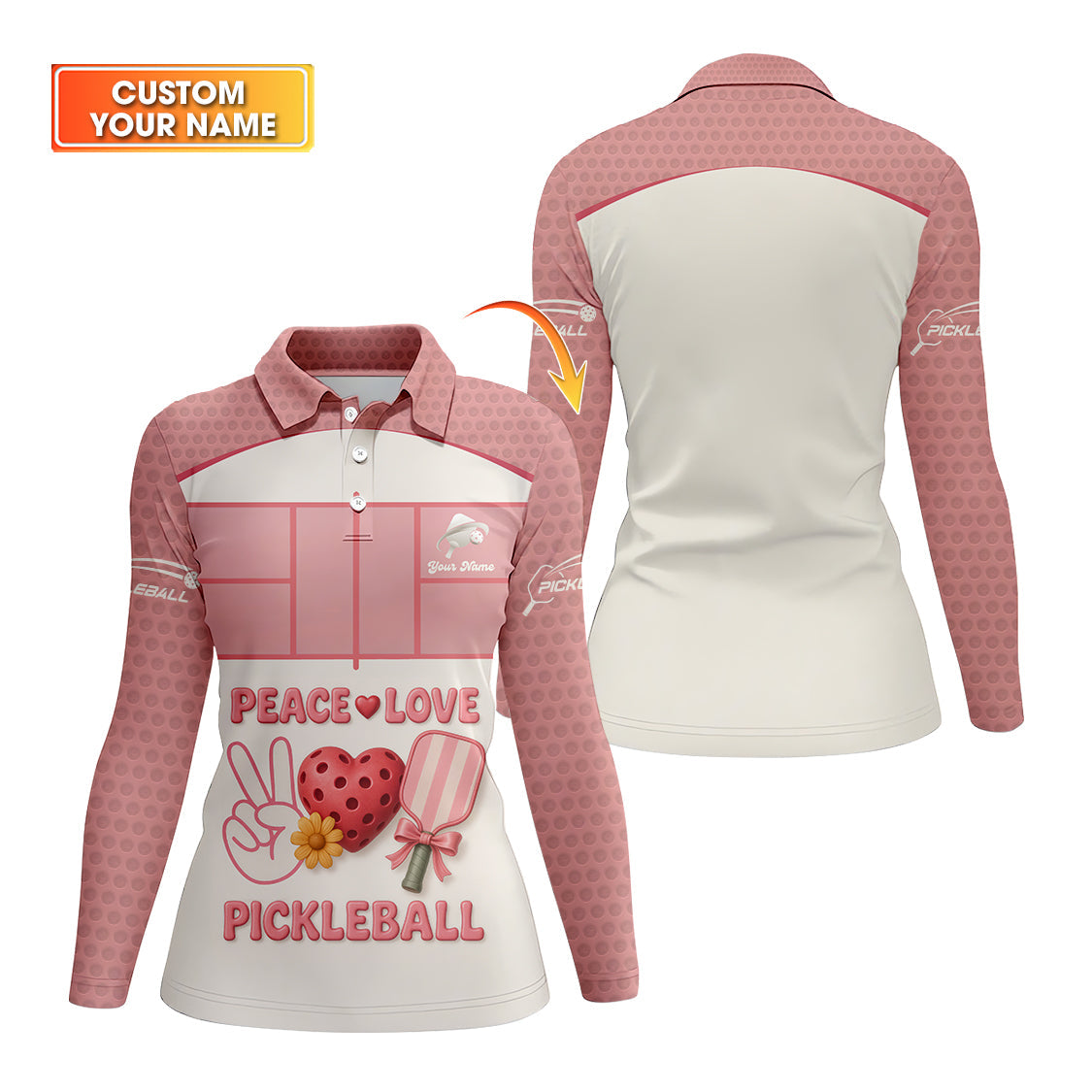 Peace Love Pickleball Polos, Personalized Name Funny Pickleball Shirt, Pickleball Outfit Women’s