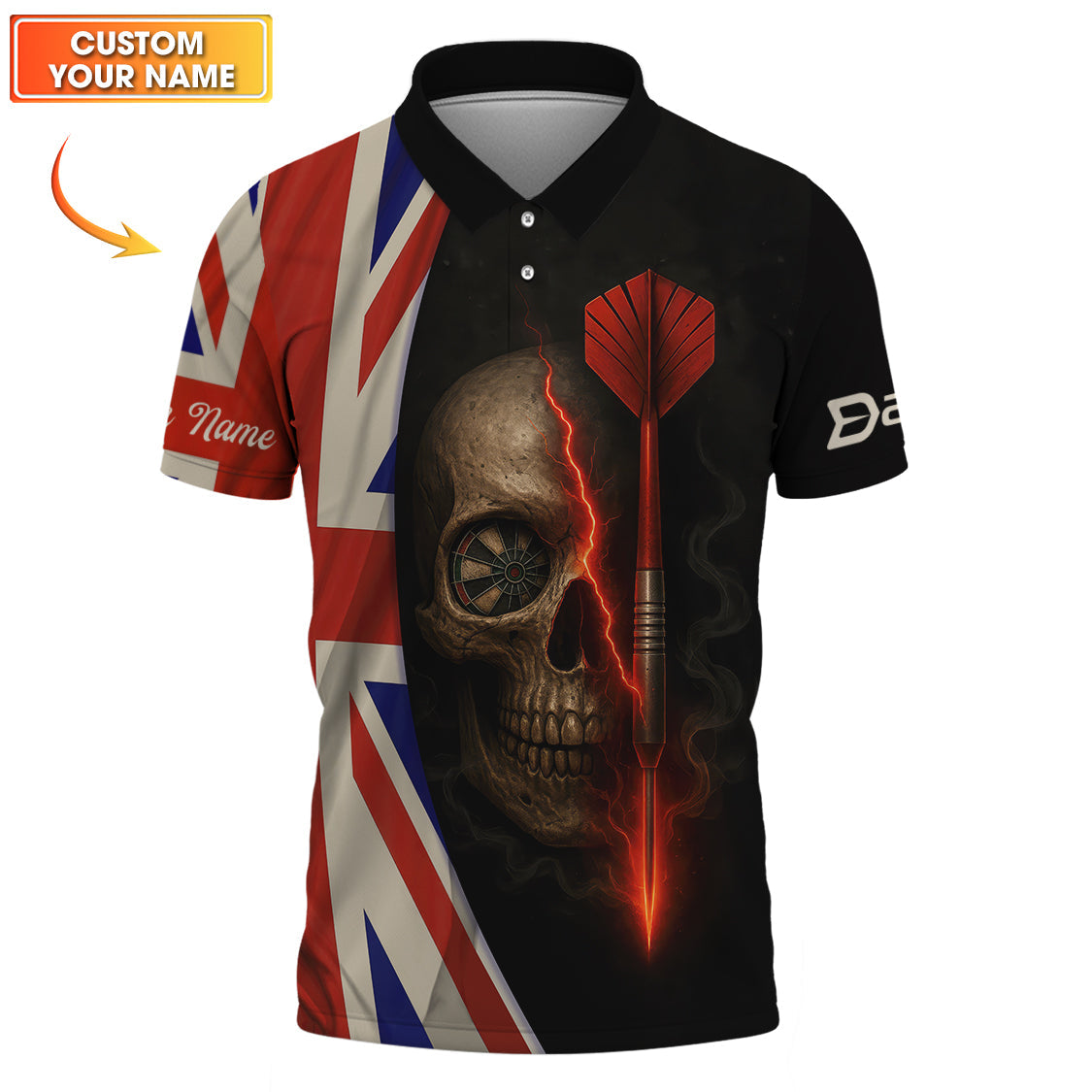 UK Darts Skull Shirt, Custom Darts Jersey With British Flag, Funny Darts Polos