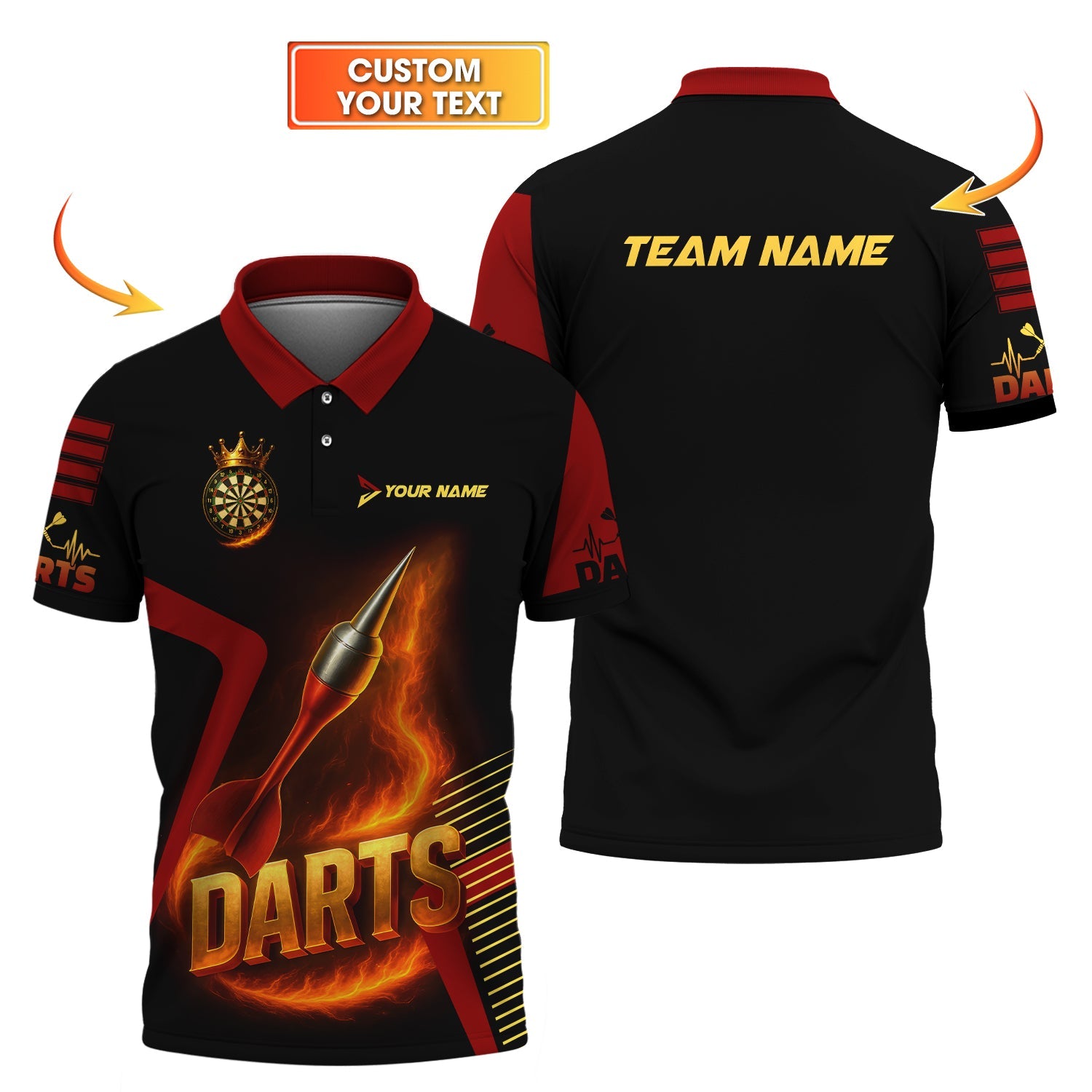 Custom Darts Team Shirt – Flaming Dart Design – Personalized Name Jersey for Bar League Players
