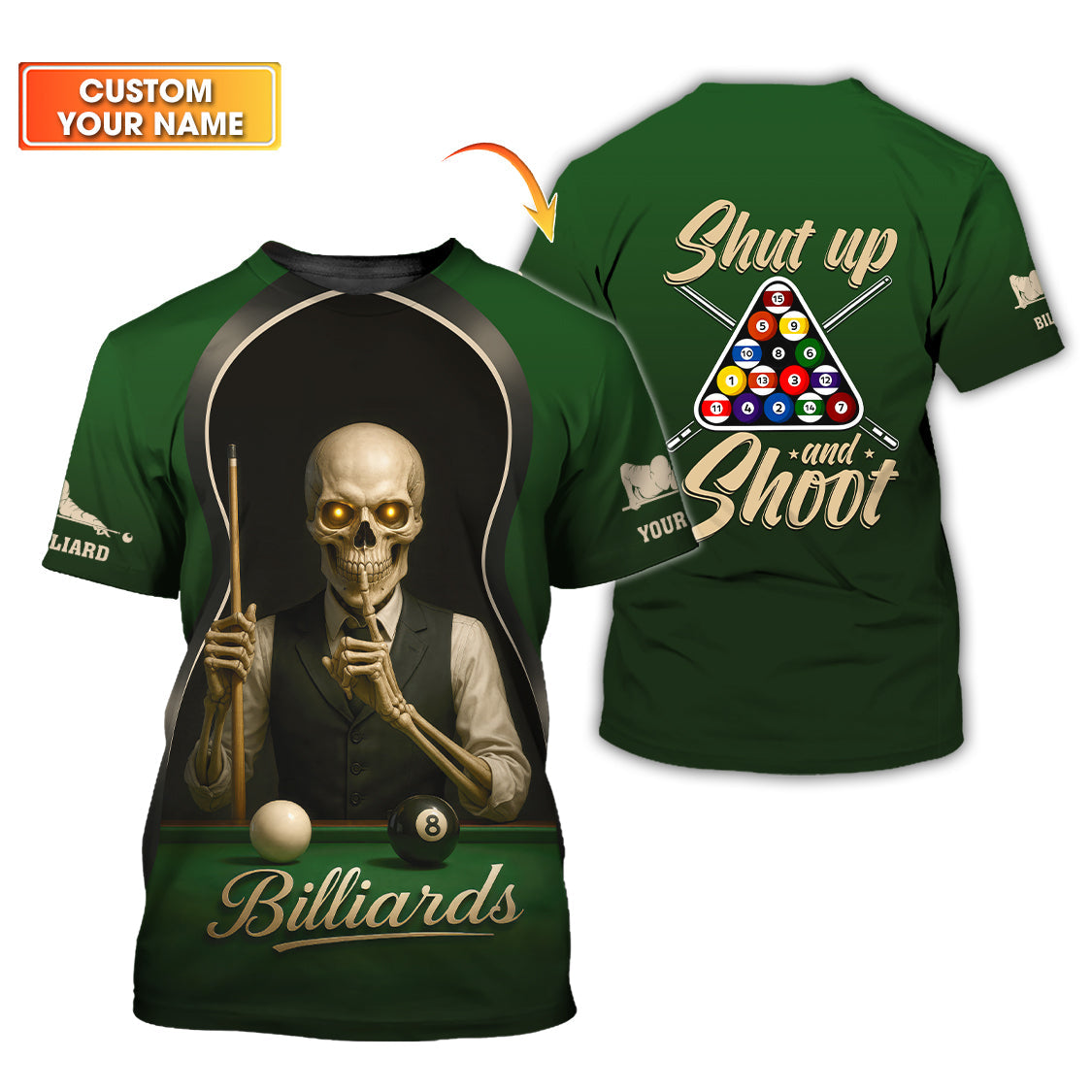Shut Up and Shoot Billiards Shirt For Men – Custom Skeleton Pool League Polo – Funny Cue Sports Billiards Jersey - Father’s Day Gift Idea