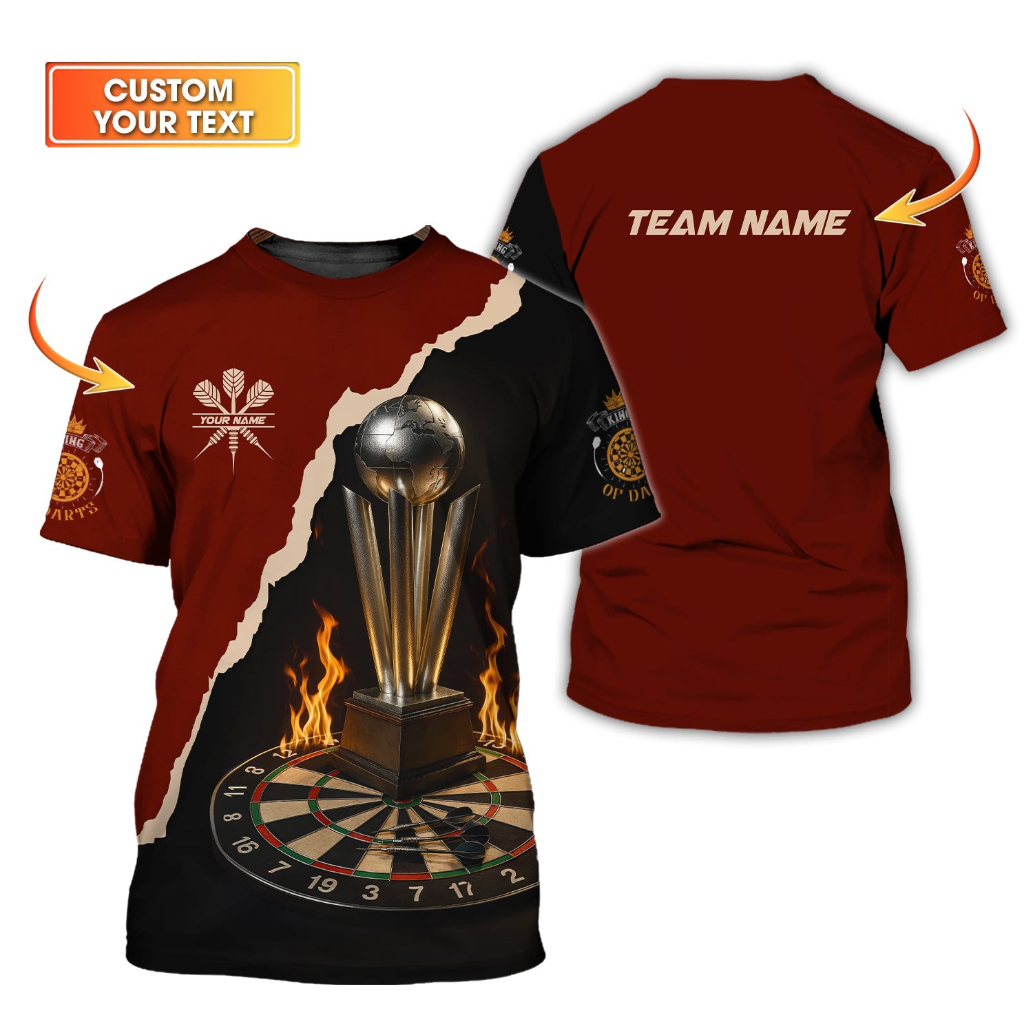 Custom Darts Champion Shirt – Flaming Trophy Design – Red Black Dartboard T-Shirt for Players
