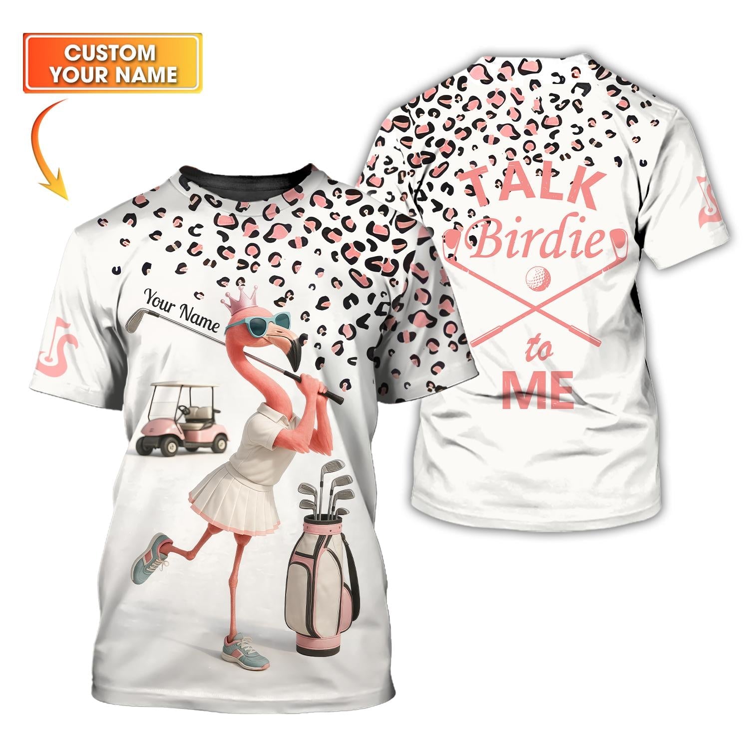 Talk Birdie to Me Flamingo Women's Golf Shirt - Pink Leopard Ladies Golf Polos - Personalized Golf Tee