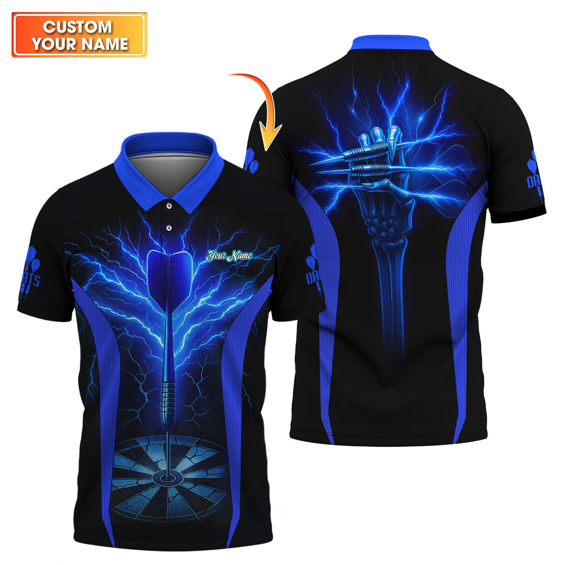 Electric Blue Skeleton Darts Jersey, Custom Name Darts Shirt, Dart Shirts For Men's