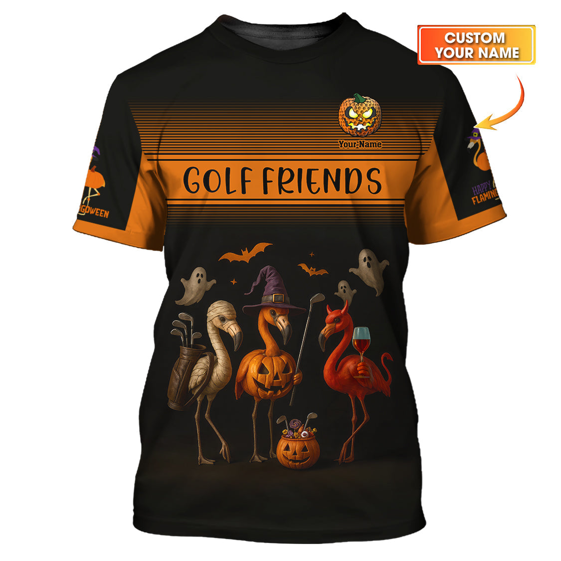 Custom Name Flamingo Golf Polos, Golf Friends Halloween Golf Shirts, Funny Golf Shirt For Golfers