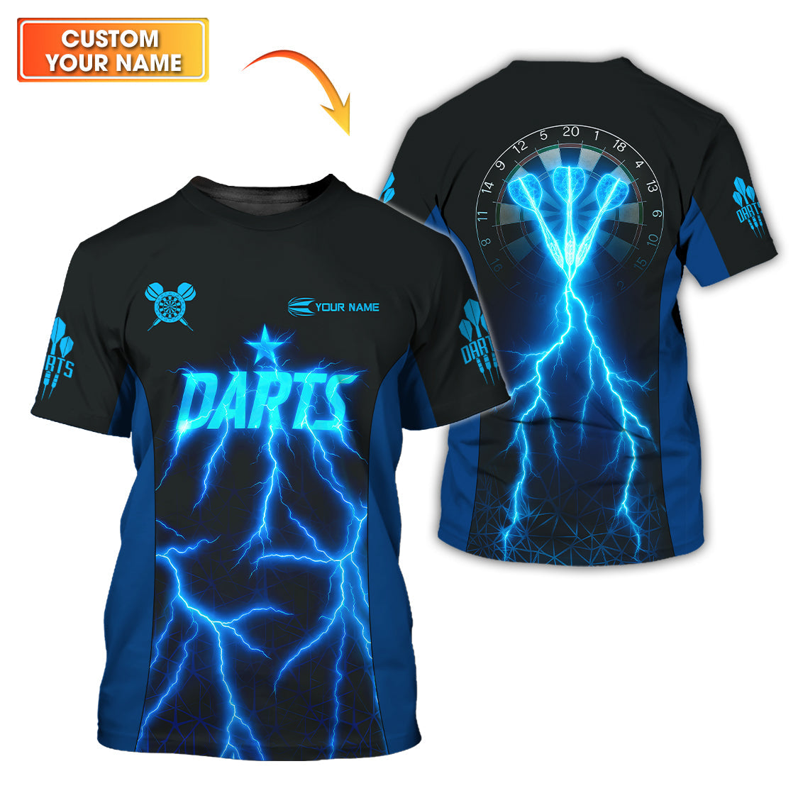 Personalized Name Darts Shirts, Electric Lightning Dart Jerseys, Custom Blue Dart Shirt for Men