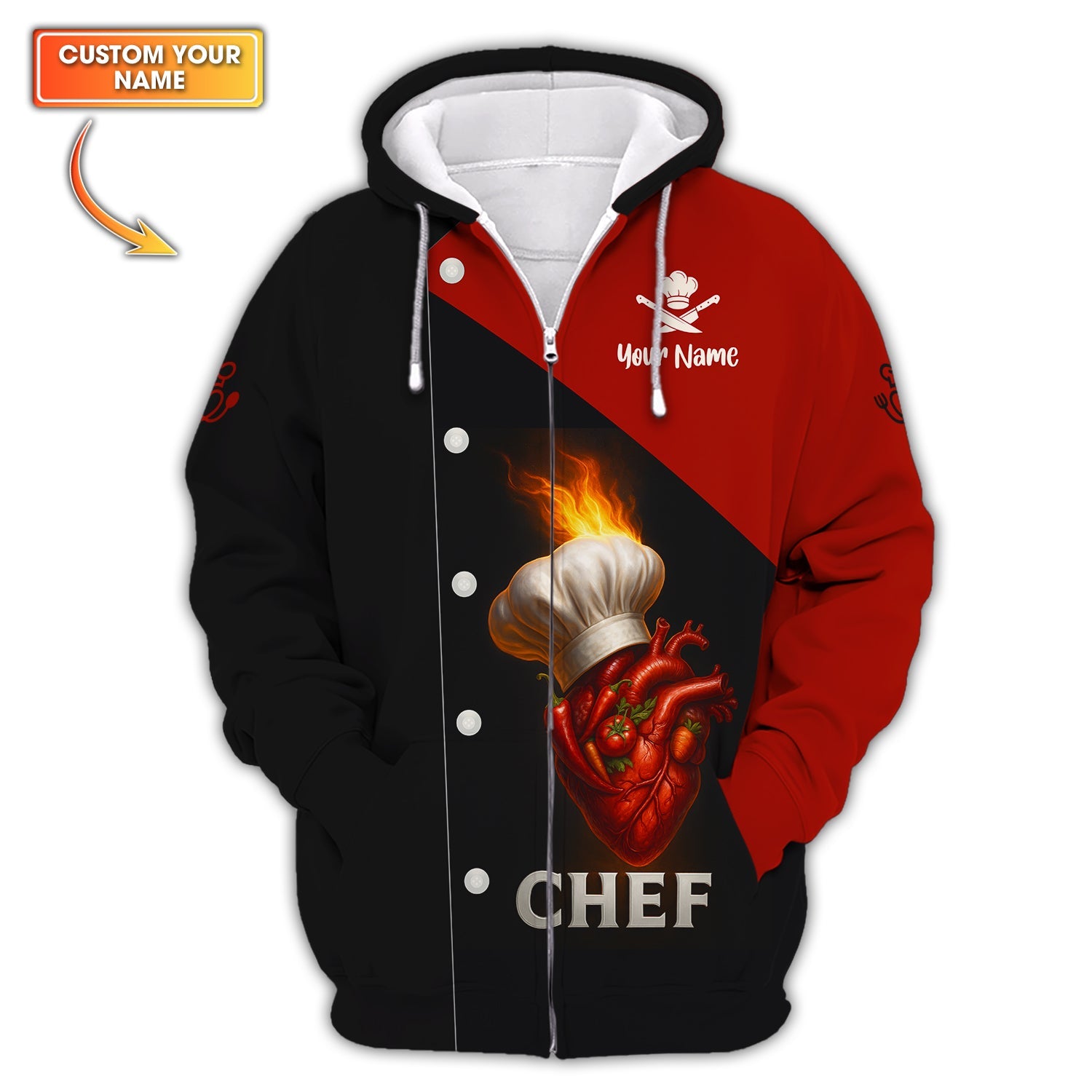 Flaming Heart Chef Shirt, Custom Name Chef Uniform, Personalized Cooking Shirt