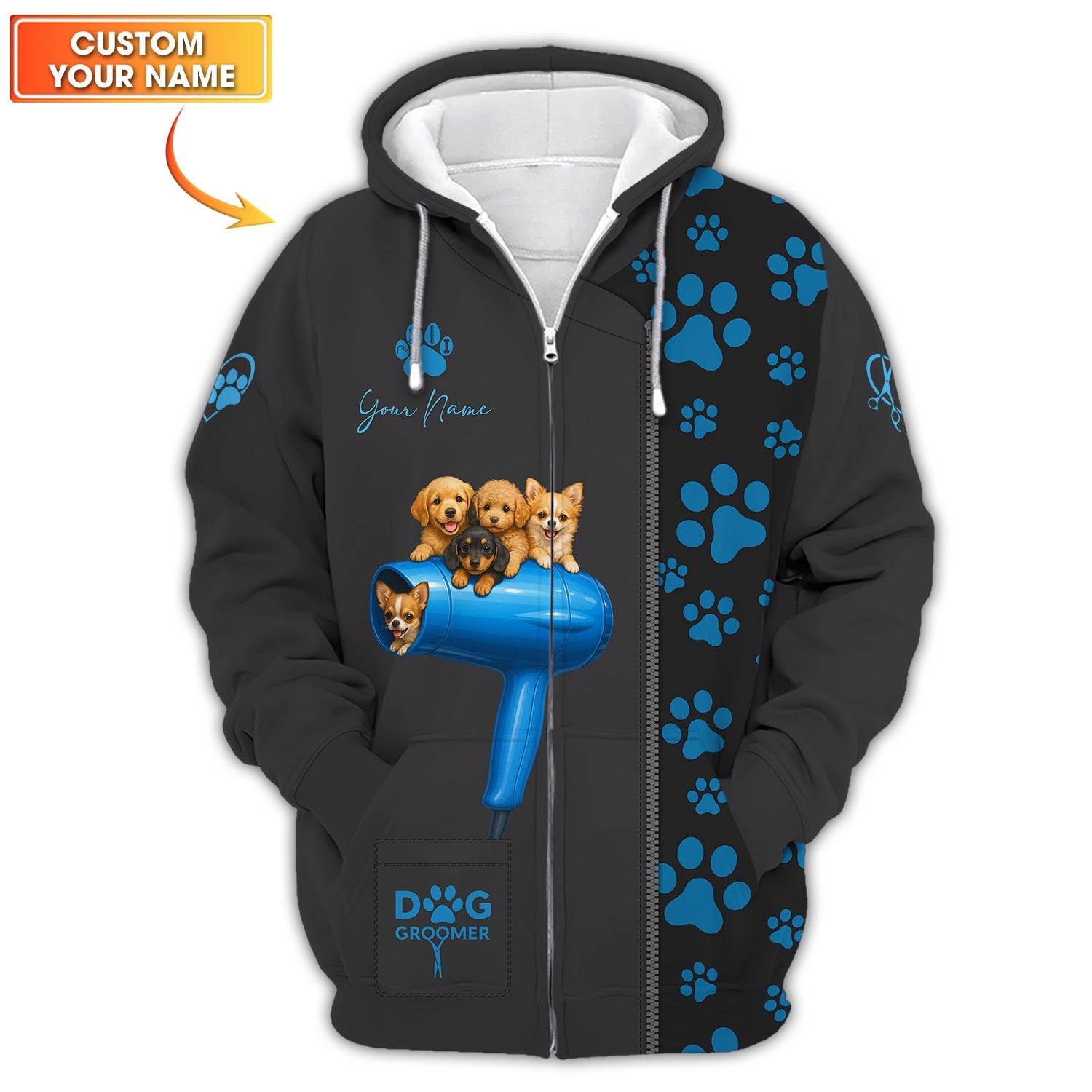 Custom Name Dog Grooming Uniform - Puppy Print Pet Groomer Shirt With Paw Pattern