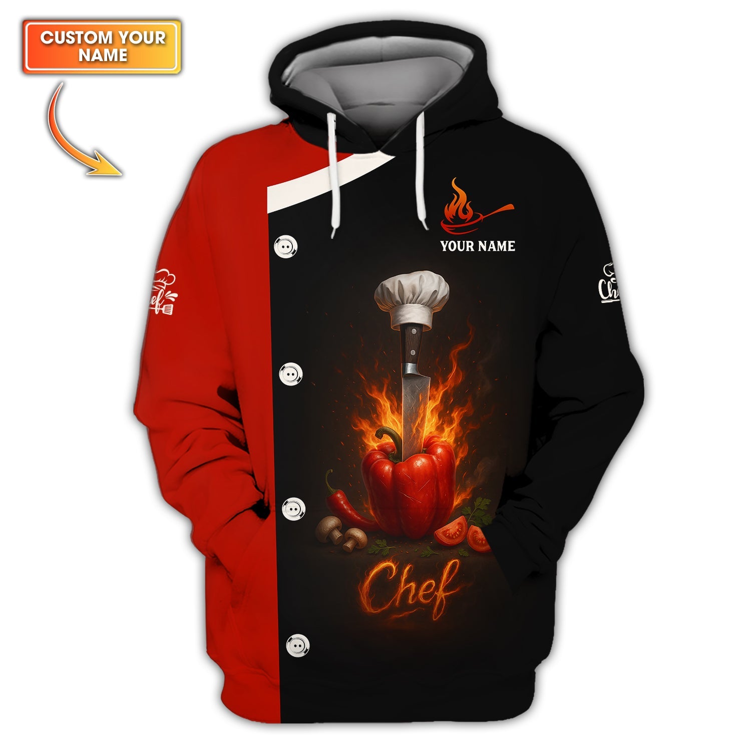 Custom Chef Shirt, Personalized Chef Uniform With Knife & Pepper Fire Design for Cooking Lovers