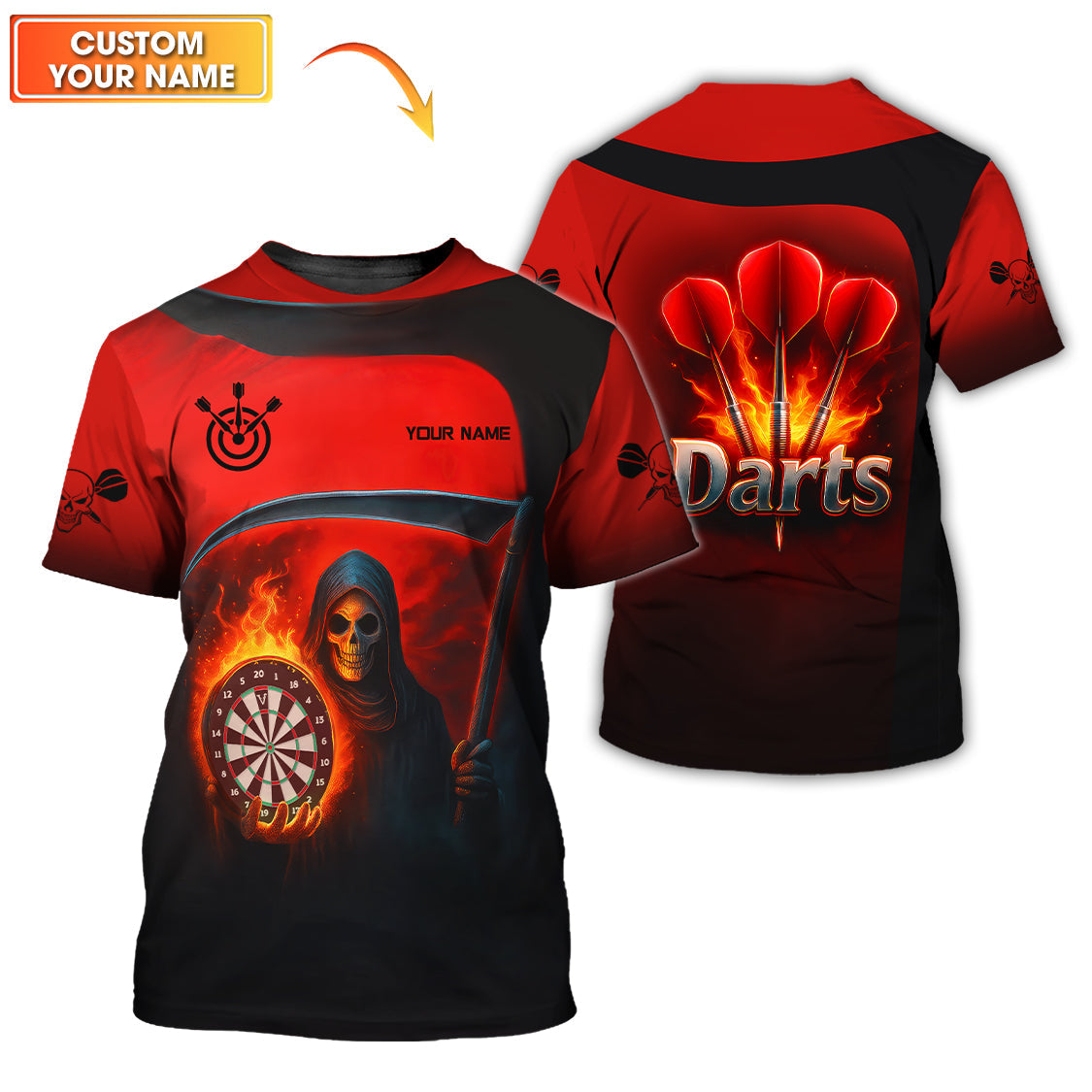 Grim Reaper Darts Jersey, Custom Name Flaming Dartboard Shirt, Halloween Dart Team Shirts for Players