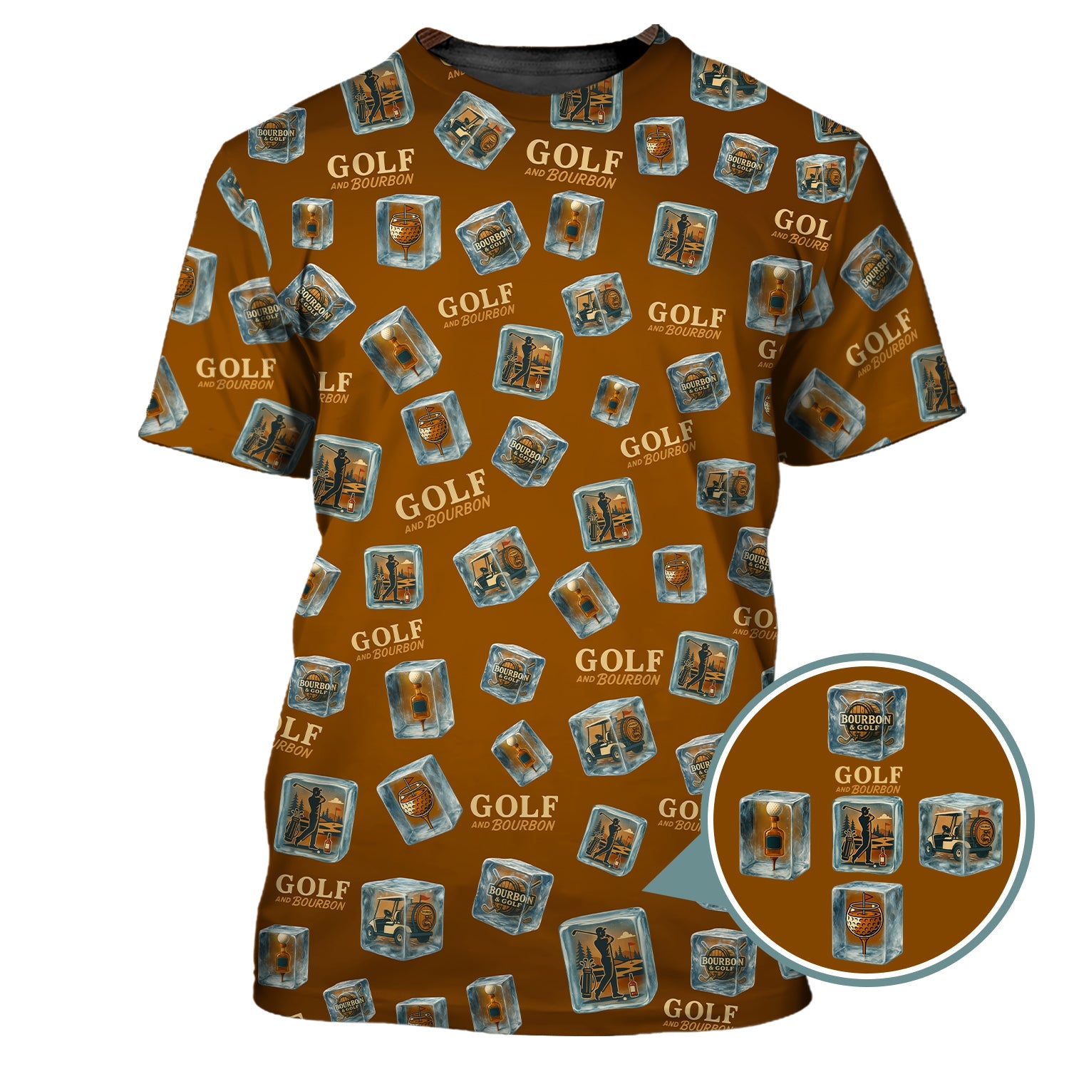 Funny Golf And Bourbon Polos, Brown Golf Shirt with Whiskey Ice Cube For Men, Pattern Crazy Golf Shirts For Golfers