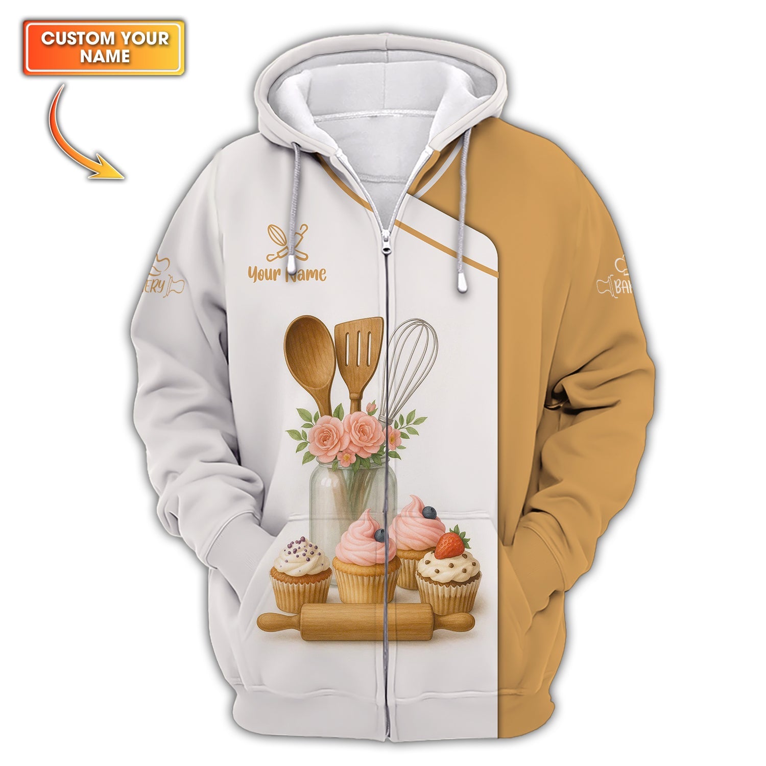 Custom Name Bakery Shirt, Cute Cupcake and Floral Kitchen Tools Baker Uniform
