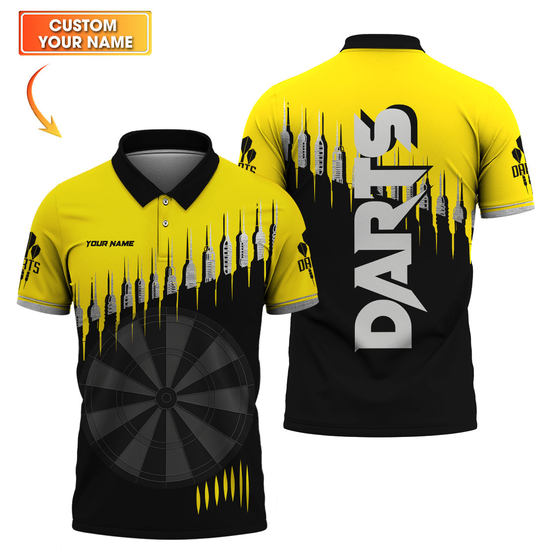 Custom Name Dart Jersey for Players, Yellow Darts Polo Shirt, Cool Dartboard Gift for Men