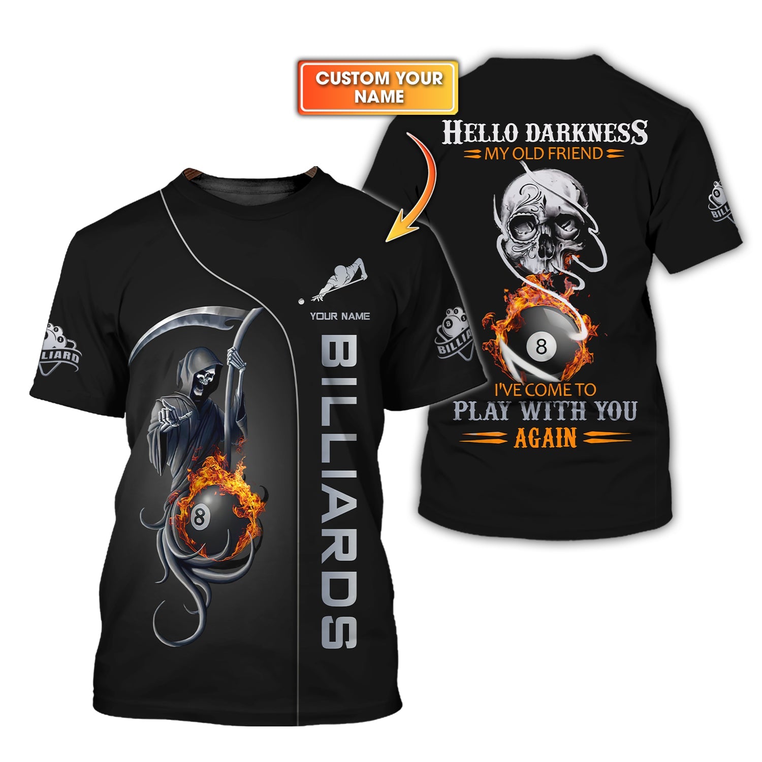 Custom Billiards Jersey, 8 Ball Pool T Shirt Grim Reaper Hello Darkness My Old Friend, Gift For Billiards Player