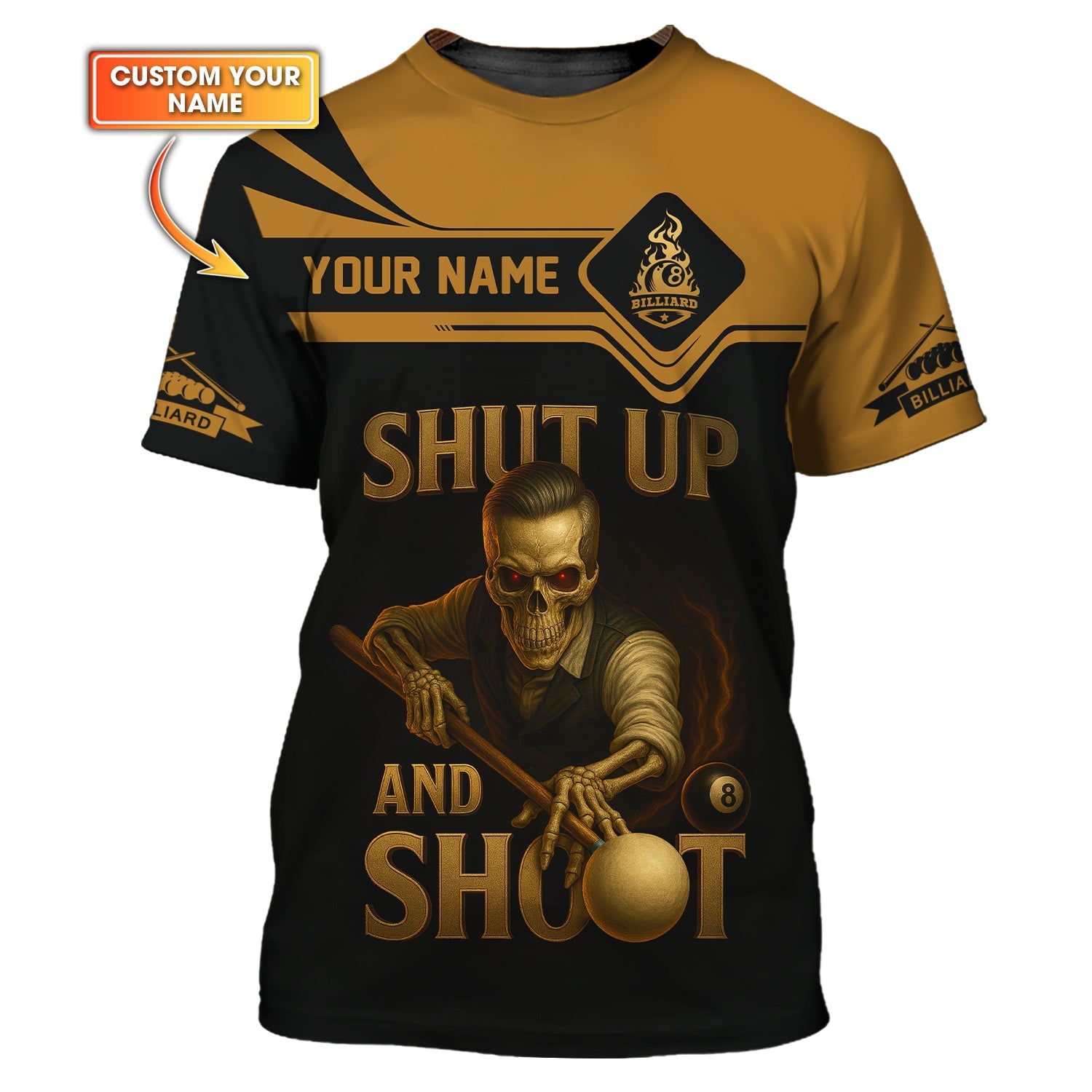 Custom Billiard Shirt – Grim Reaper Skeleton Design – Shut Up and Shoot Pool Tee