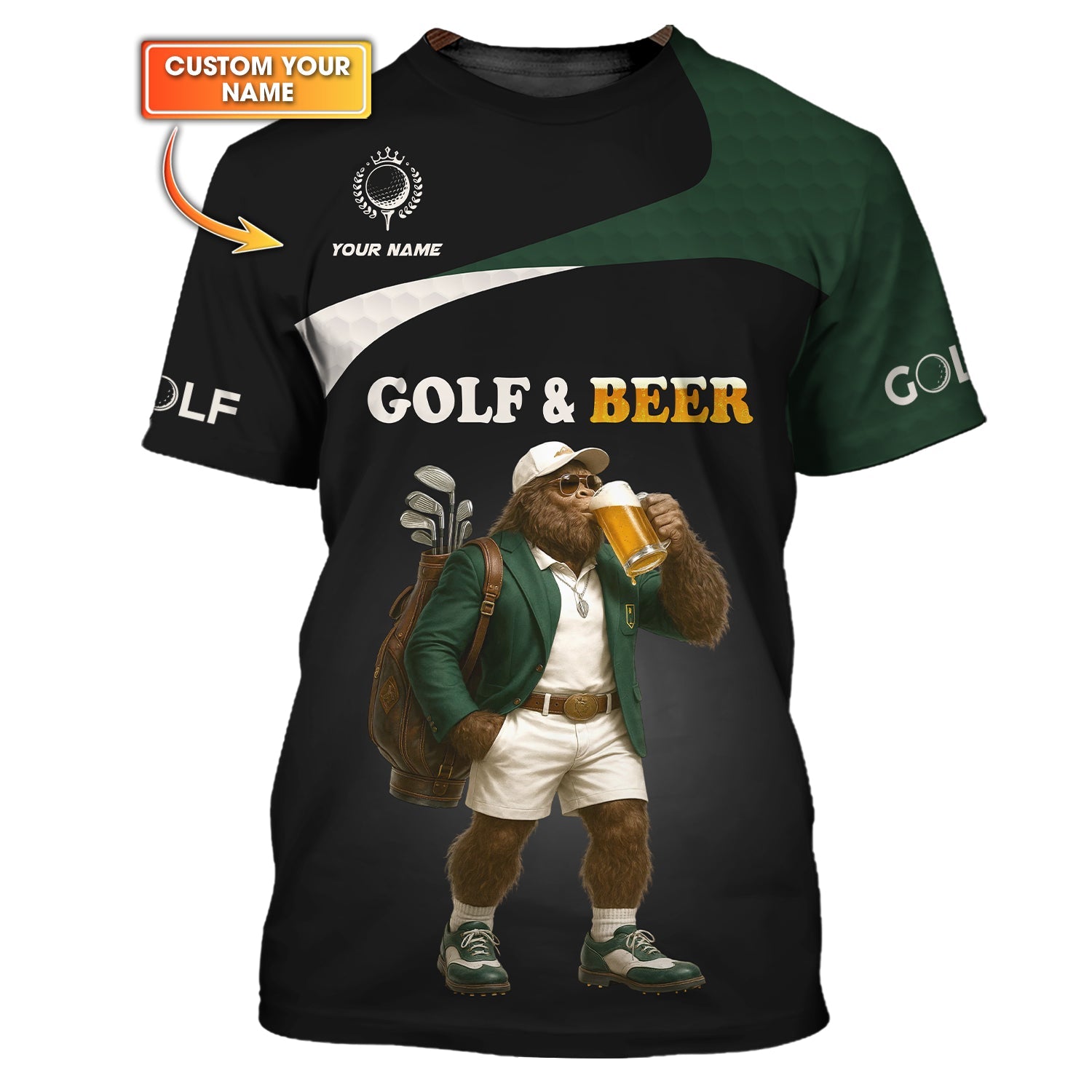 Bigfoot Golf Custom Name Polo Shirt – Beer and Golf Design – Funny Gift for Golfers