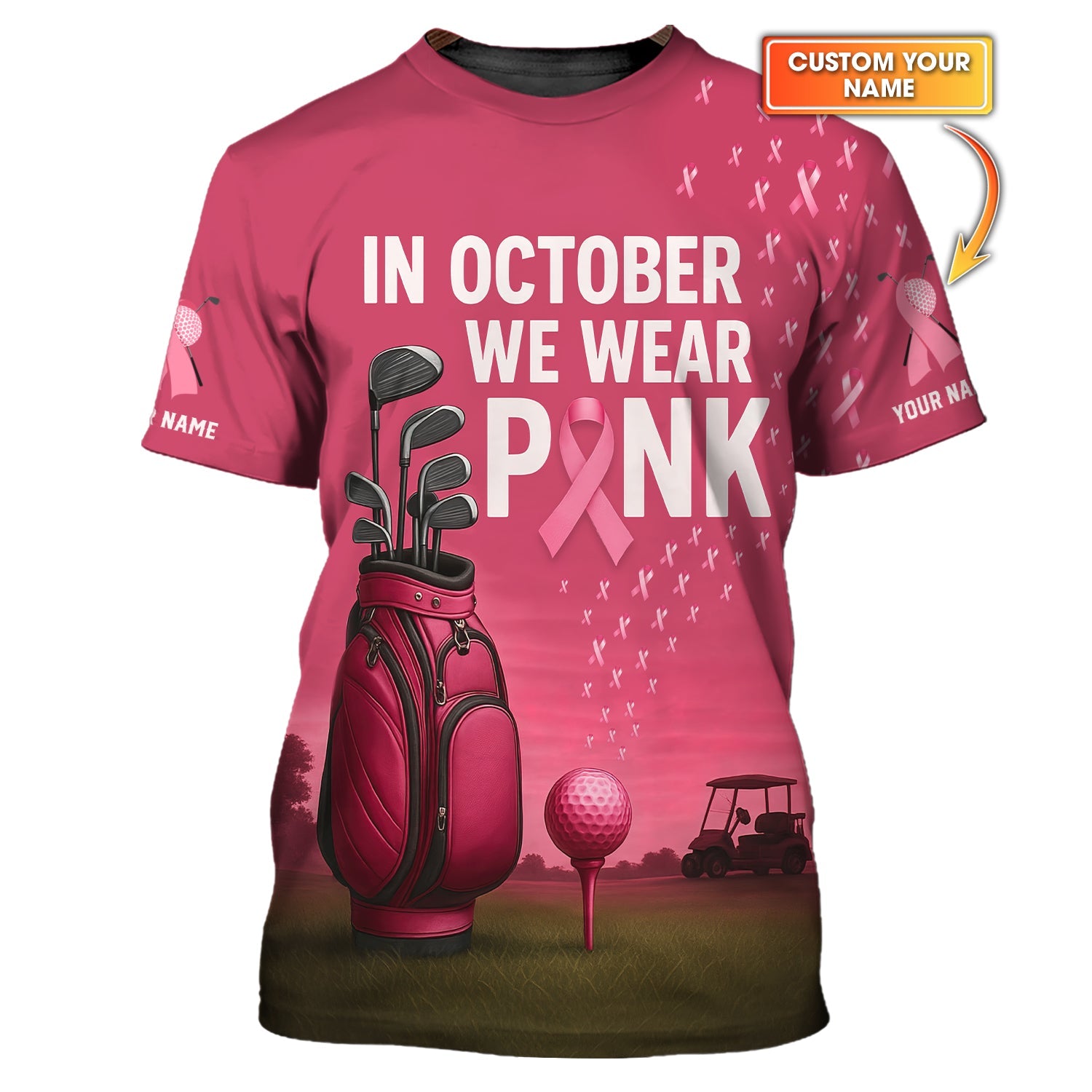 Personalized Breast Cancer Golf Shirt, In October We Wear Pink Shirt With Custom Name, Pink Golf Shirt For Golfer
